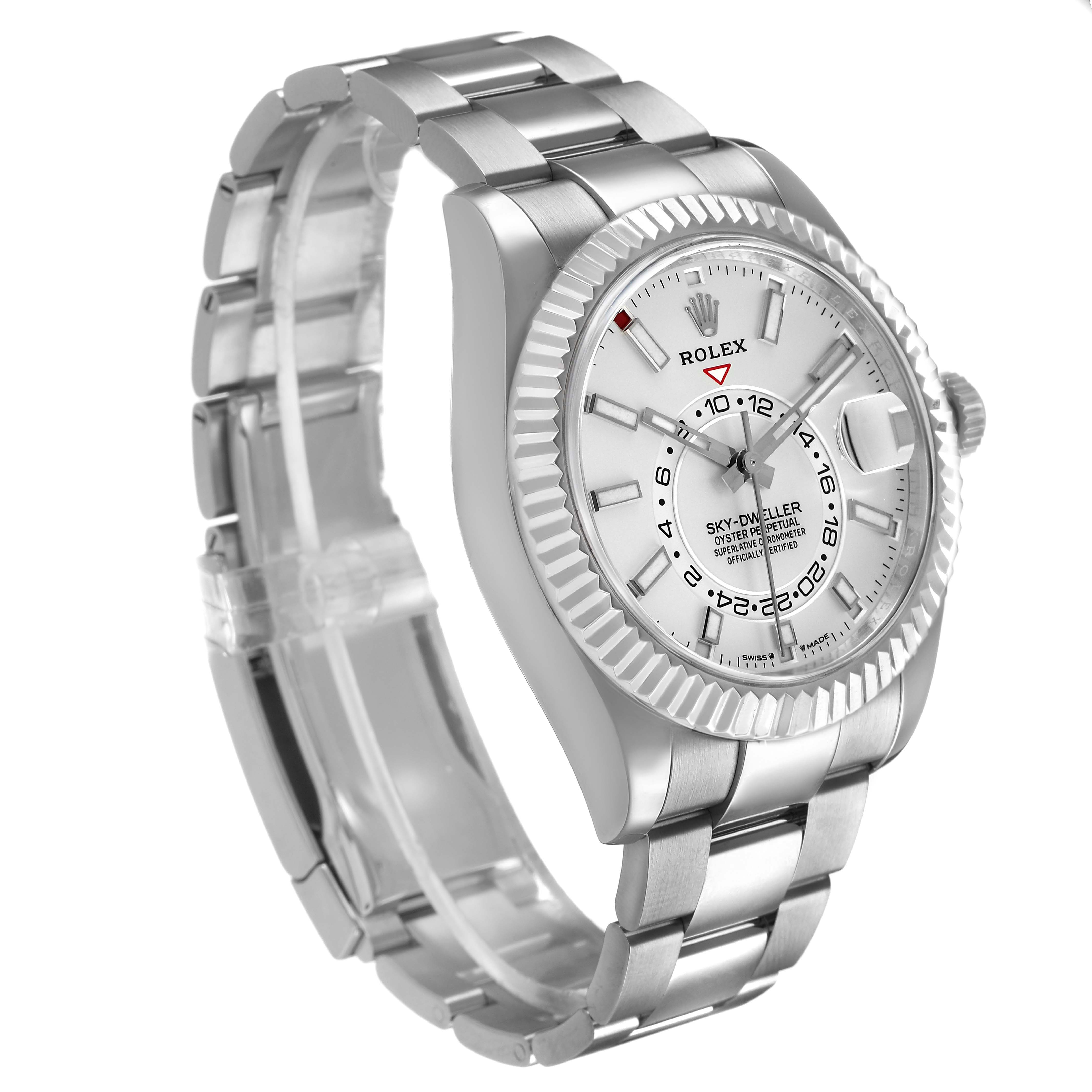 The Rolex Sky-Dweller 336934 Men's Stainless Steel White Dial is shown at a three-quarter angle, highlighting the bezel, dial, bracelet, and side profile.