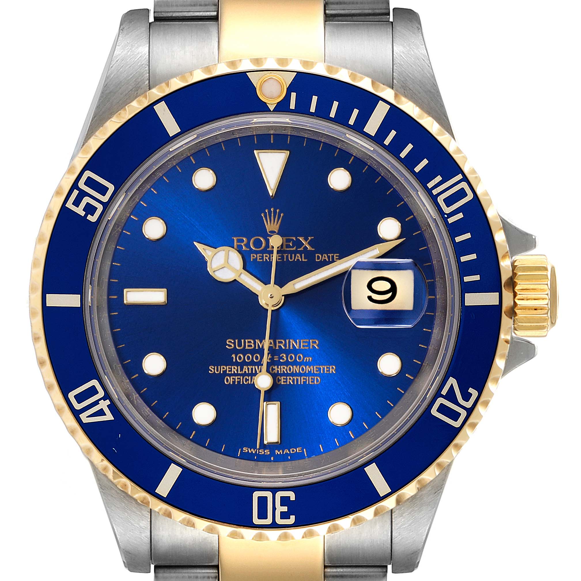 The image shows a front view of the Rolex Submariner 16613 Men's Steel and Gold (two tone) Blue Dial 16613 Men's Steel and Gold (two tone) Blue Dial watch with a blue dial and bezel, and a date window at 3 o'clock.