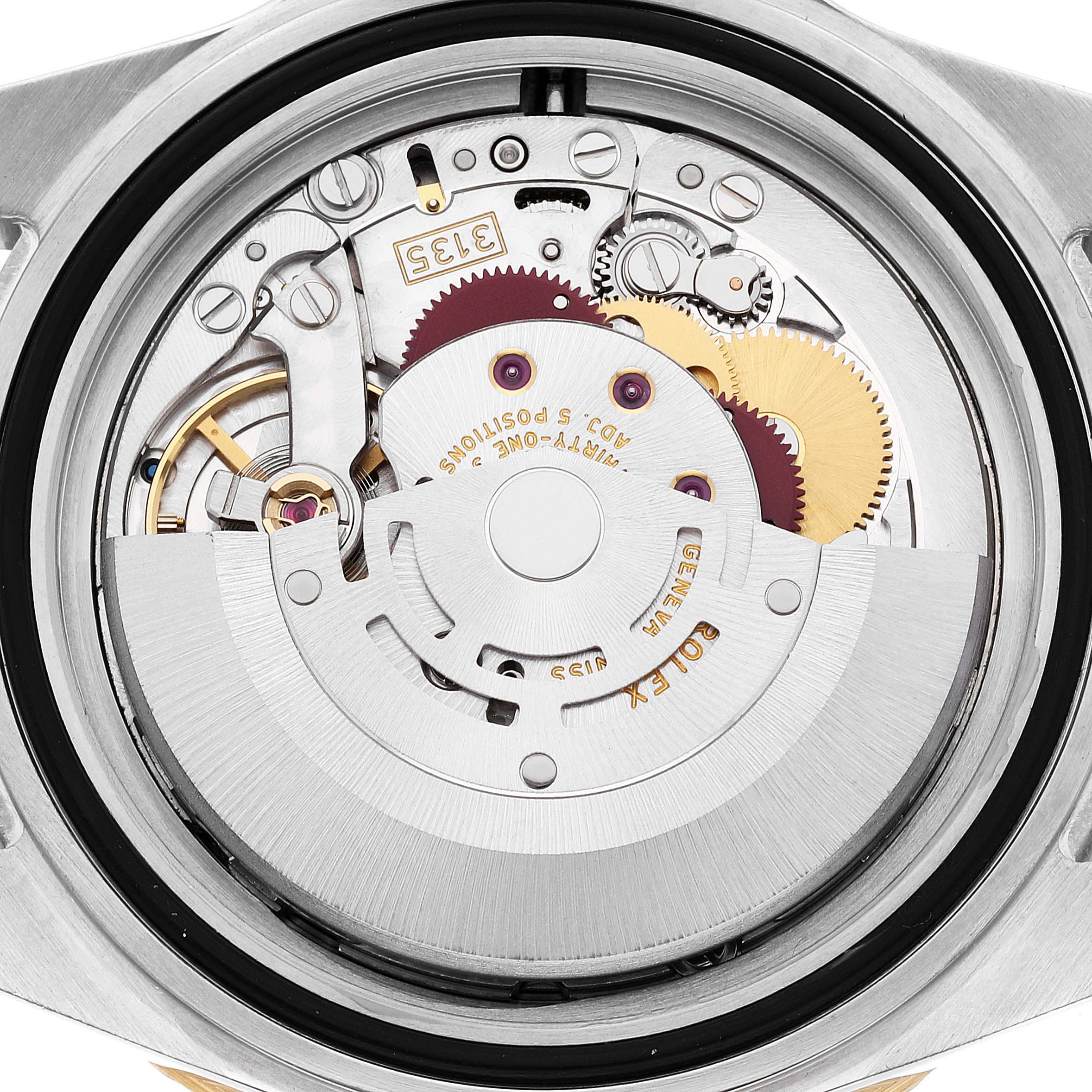 This image shows the detailed internal mechanism of a Rolex Submariner 16613 Men's Steel and Gold (two tone) Blue Dial 16613 Men's Steel and Gold (two tone) Blue Dial watch from a rear angle.