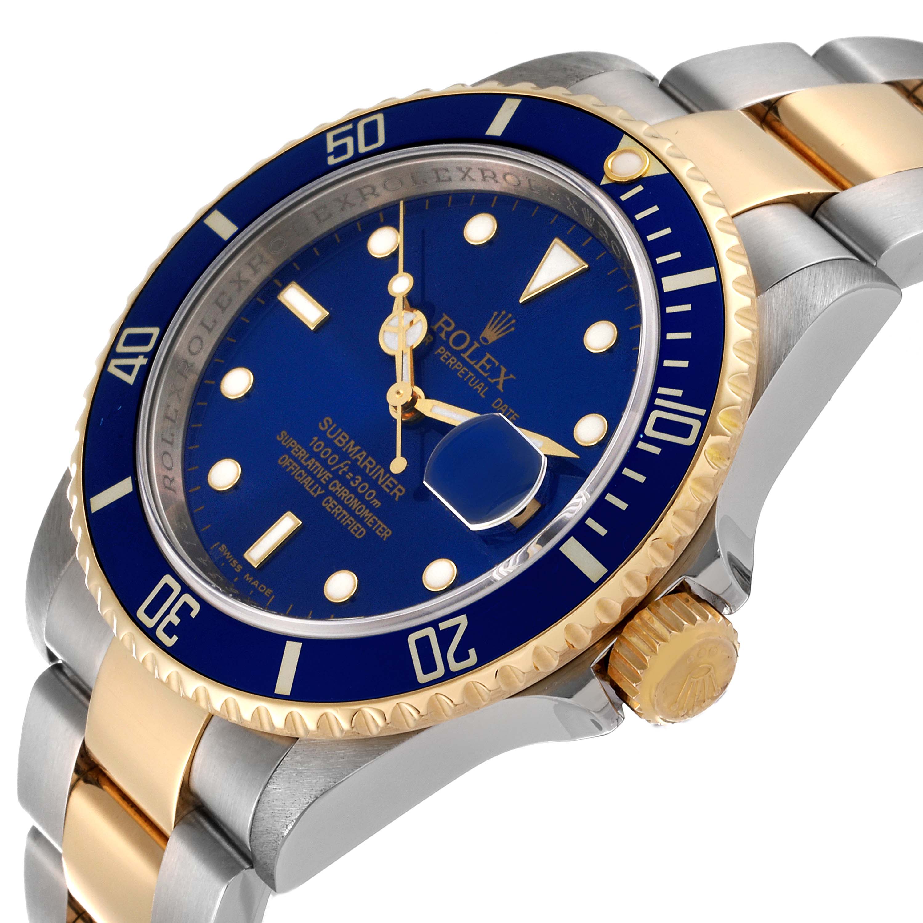 The image shows a close-up of the Rolex Submariner 16613 Men's Steel and Gold (two tone) Blue Dial 16613 Men's Steel and Gold (two tone) Blue Dial watch, focusing on the bezel, crown, and part of the bracelet.