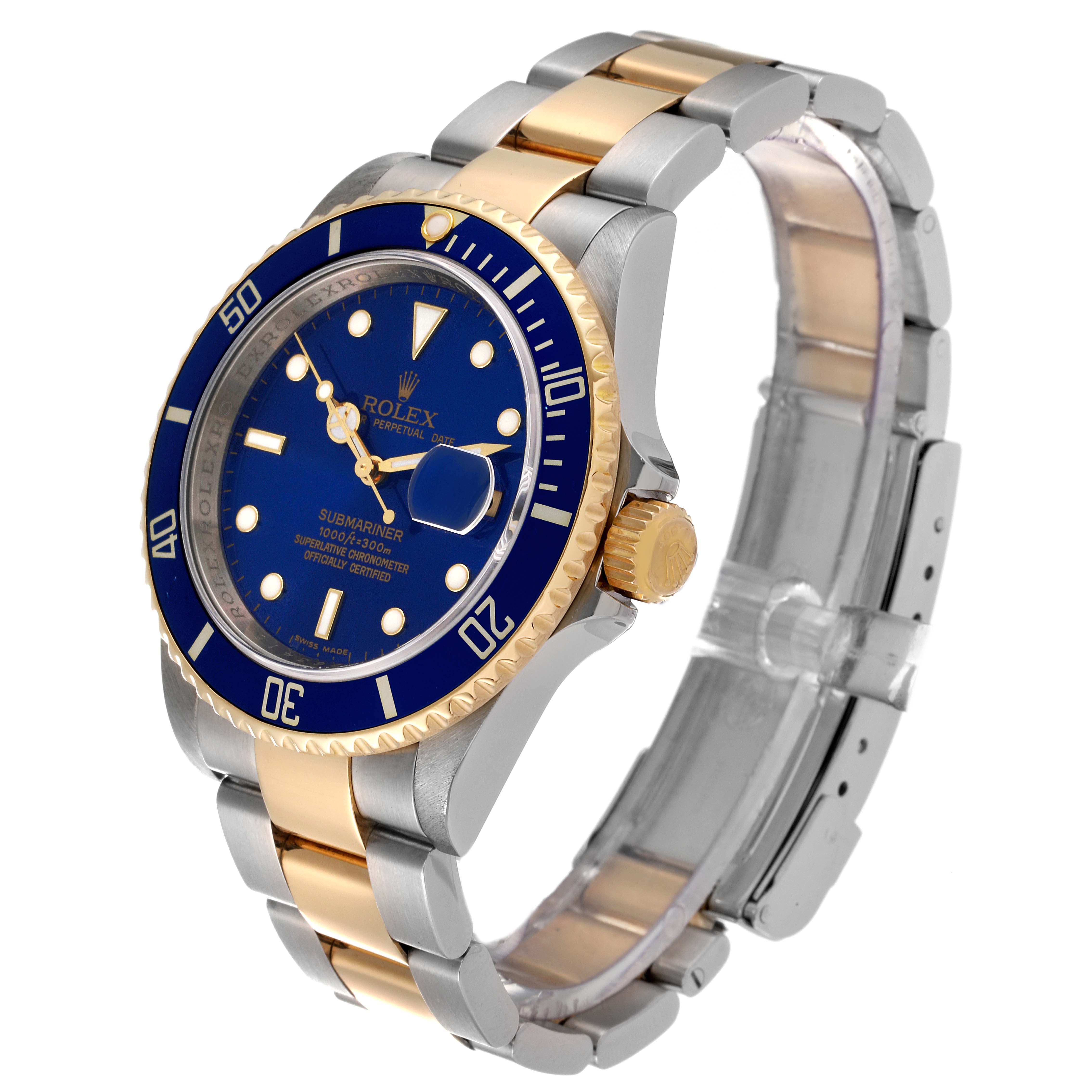The Rolex Submariner 16613 Men's Steel and Gold (two tone) Blue Dial 16613 Men's Steel and Gold (two tone) Blue Dial watch is shown from a three-quarter angle, highlighting the bezel, dial, bracelet, and clasp.