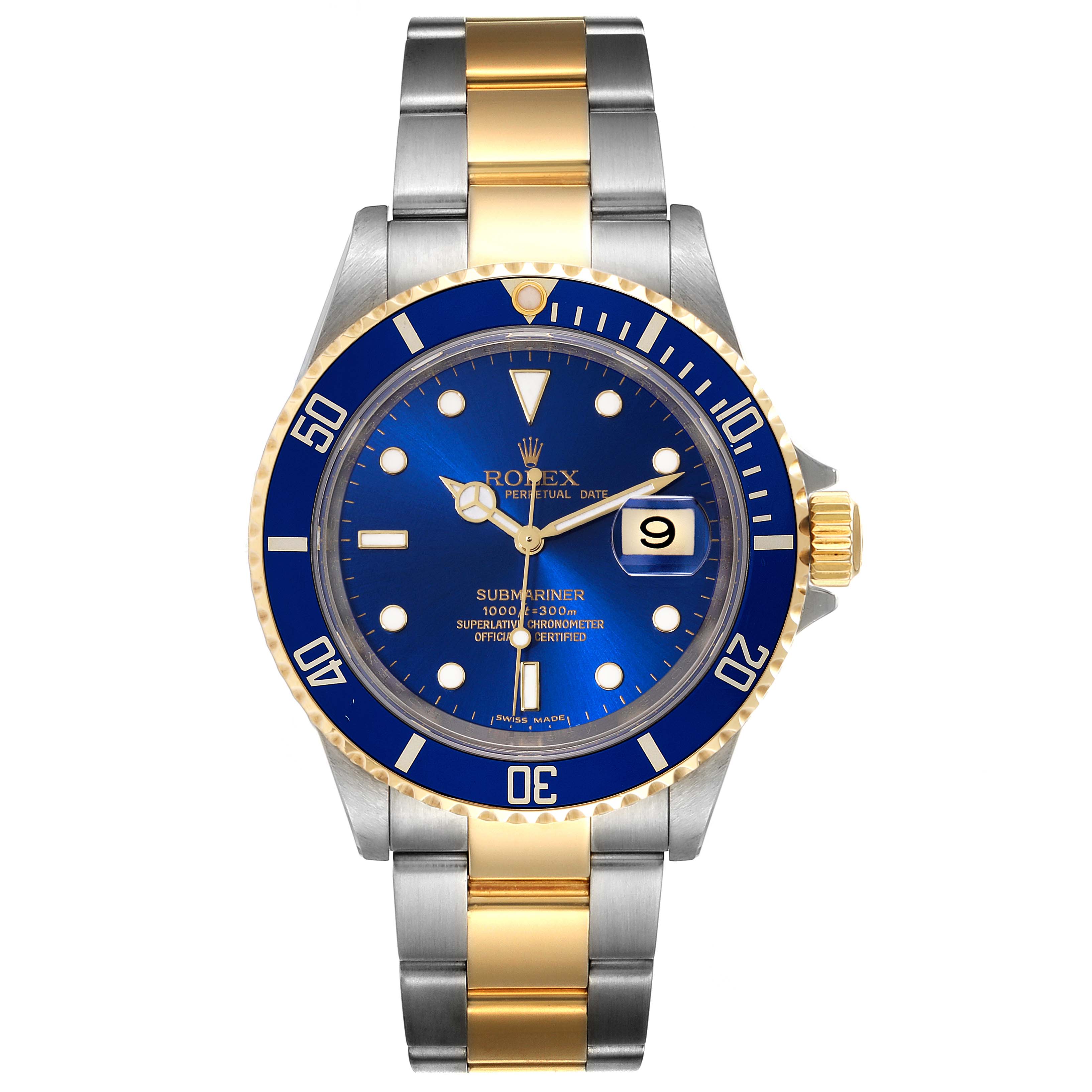 This image shows a front view of a Rolex Submariner 16613 Men's Steel and Gold (two tone) Blue Dial 16613 Men's Steel and Gold (two tone) Blue Dial watch, highlighting its blue dial and two-tone bracelet.