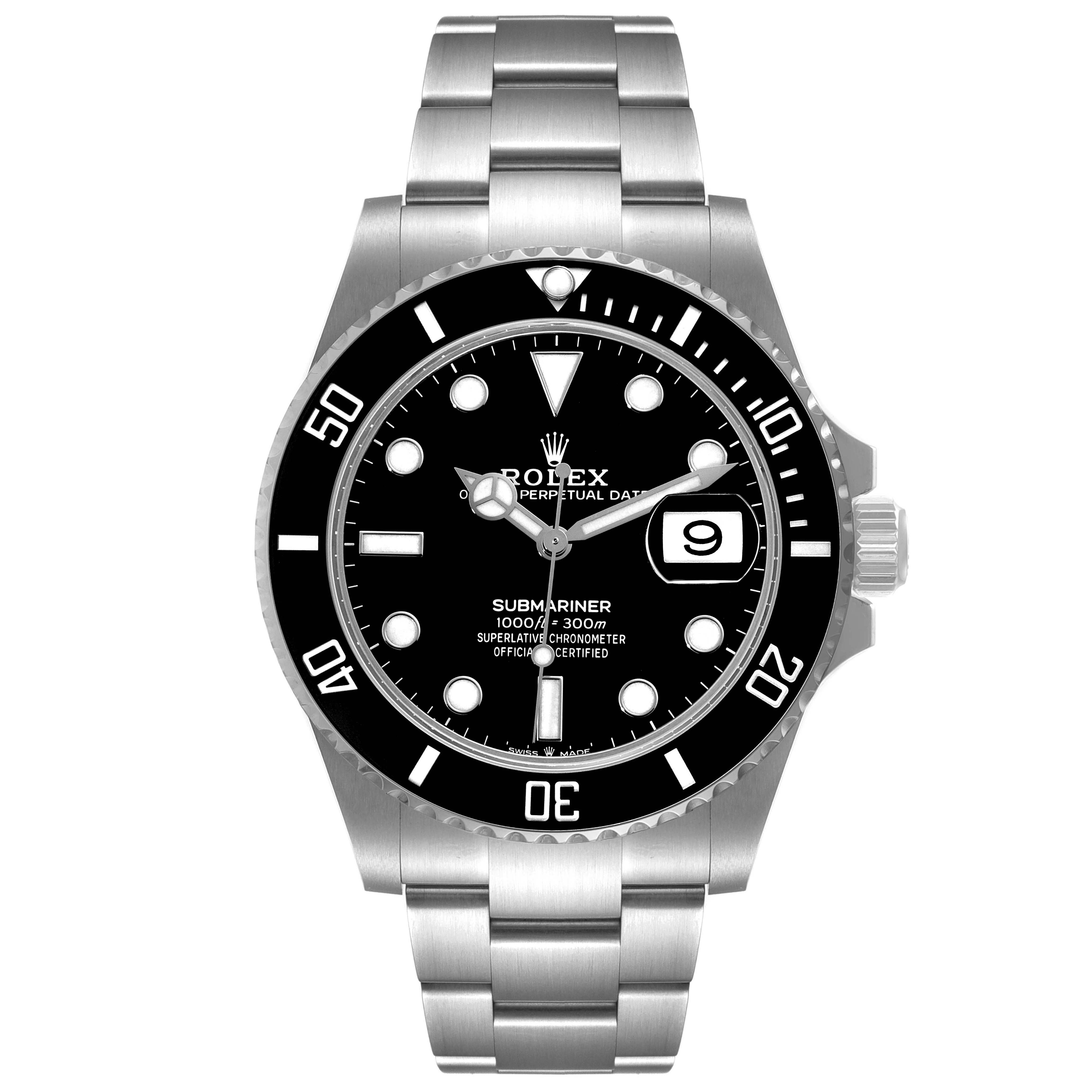 This image shows a full frontal view of a Rolex Submariner 126610 Men
s Stainless Steel Black Dial 126610 Men
s Stainless Steel Black Dial watch, displaying the dial, bezel, bracelet, and date.