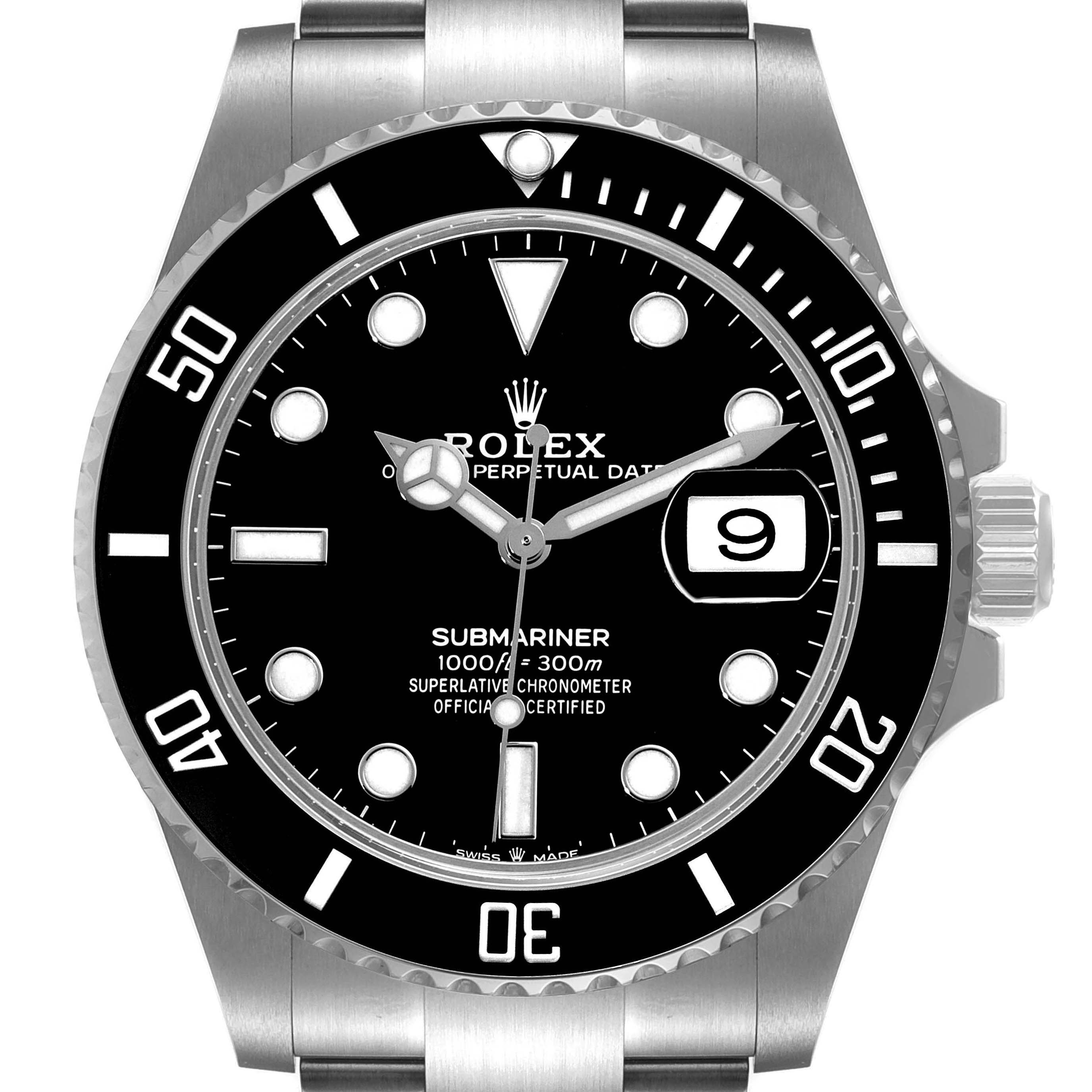 The image shows a front view of a Rolex Submariner 126610 Men
s Stainless Steel Black Dial 126610 Men
s Stainless Steel Black Dial watch, highlighting the dial, bezel, crown, and bracelet.