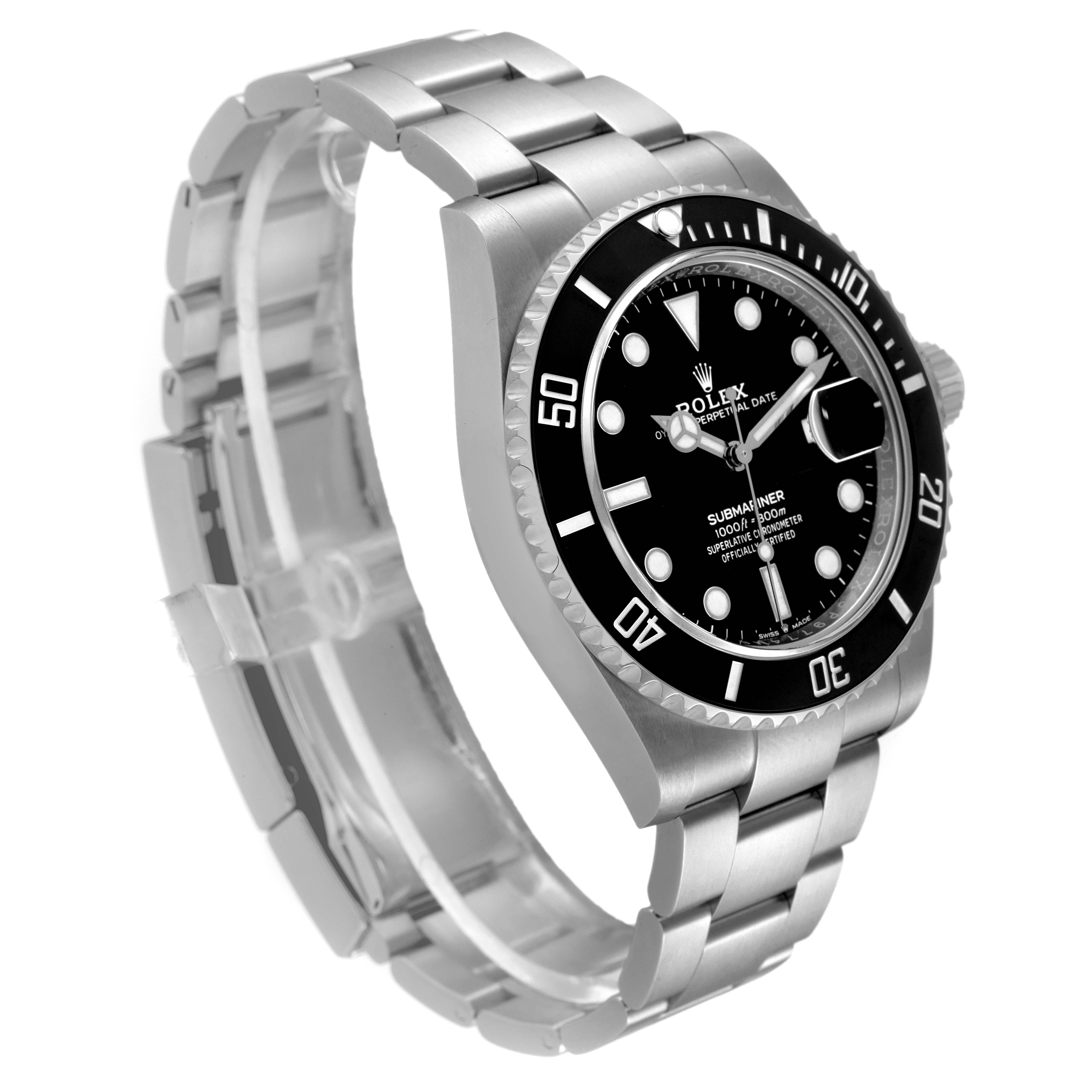 The image shows a Rolex Submariner 126610 Men
s Stainless Steel Black Dial 126610 Men
s Stainless Steel Black Dial watch from a front-side angle, highlighting the dial, bezel, and bracelet.