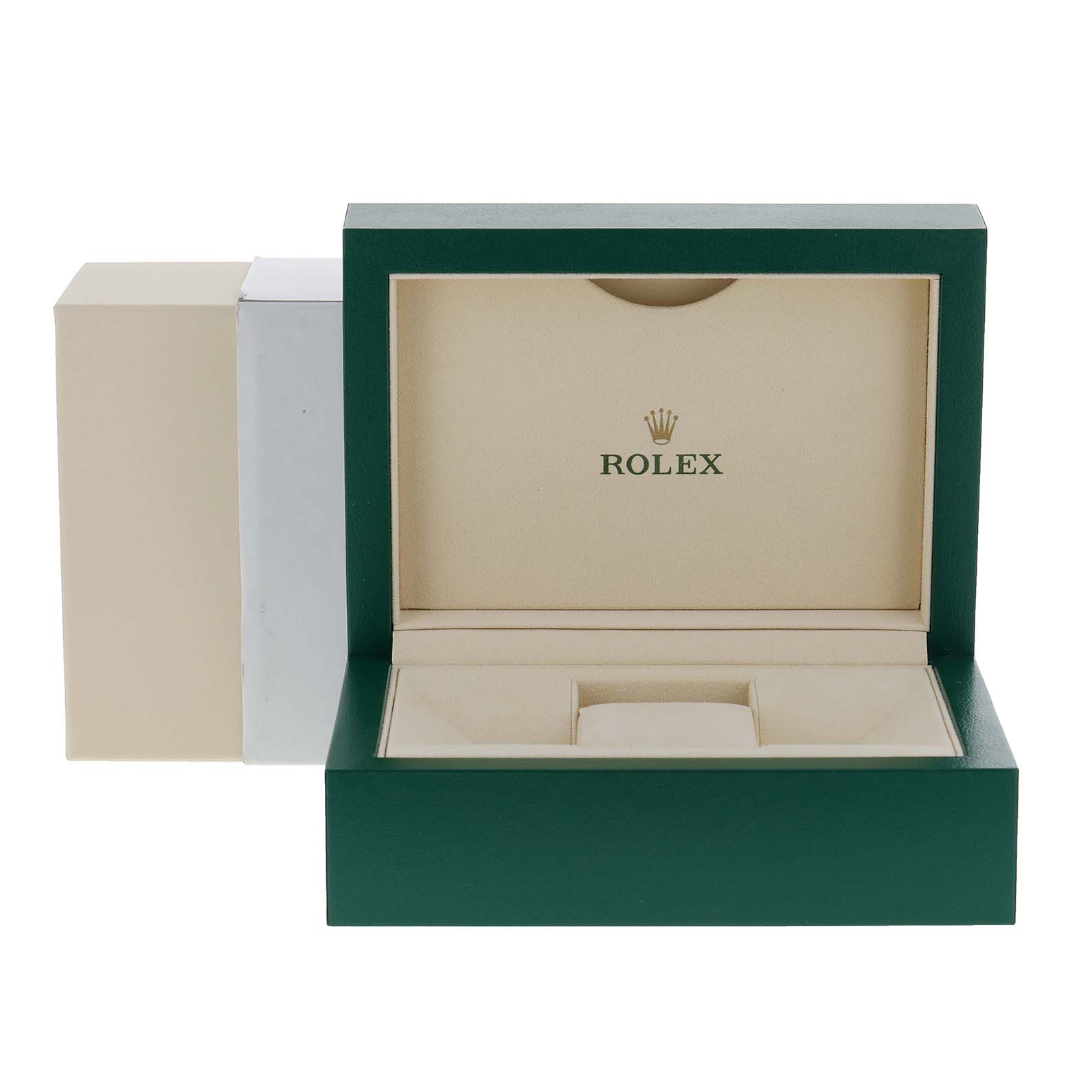 A Rolex Submariner 126610 Men
s Stainless Steel Black Dial 126610 Men
s Stainless Steel Black Dial box is shown at a straight-on angle, with its lid open, revealing the interior.