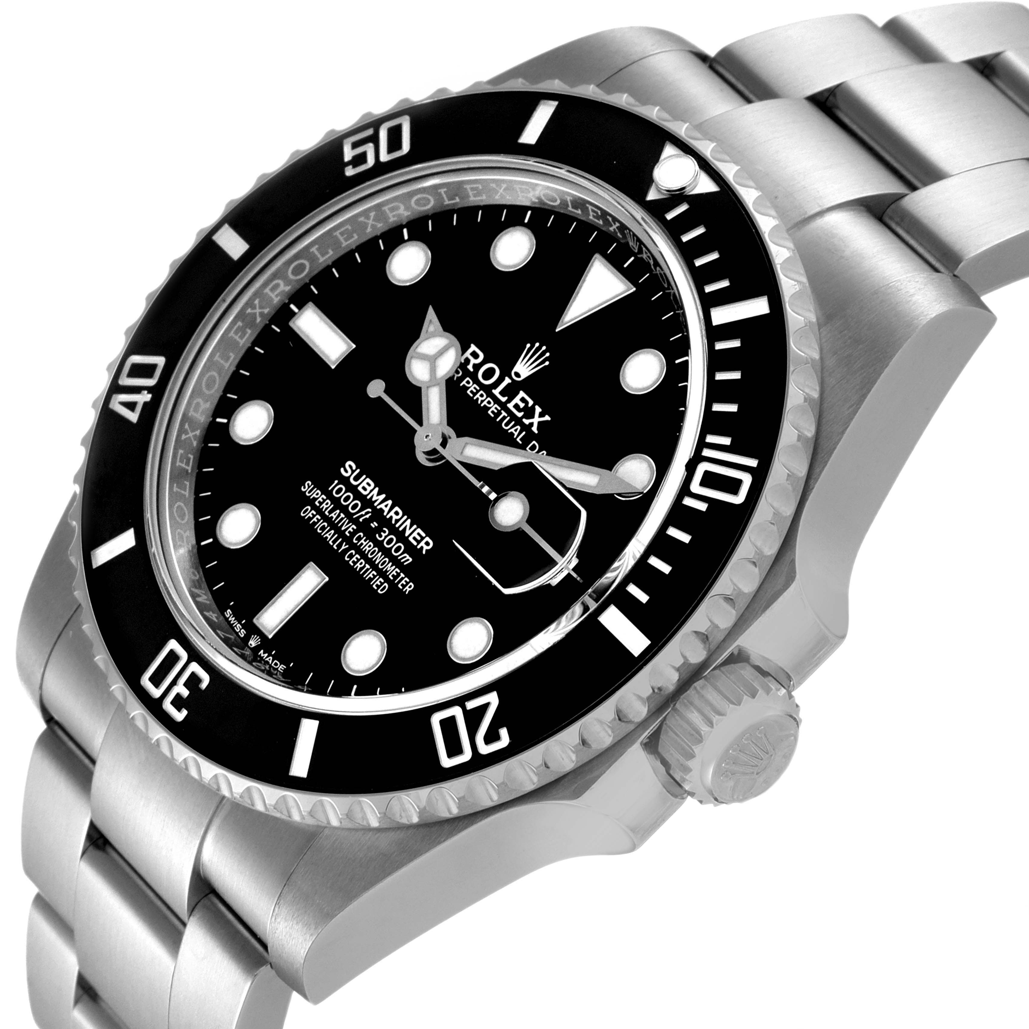 The image shows a Rolex Submariner 126610 Men
s Stainless Steel Black Dial 126610 Men
s Stainless Steel Black Dial watch from an angled view, detailing the bezel, dial, crown, and part of the bracelet.