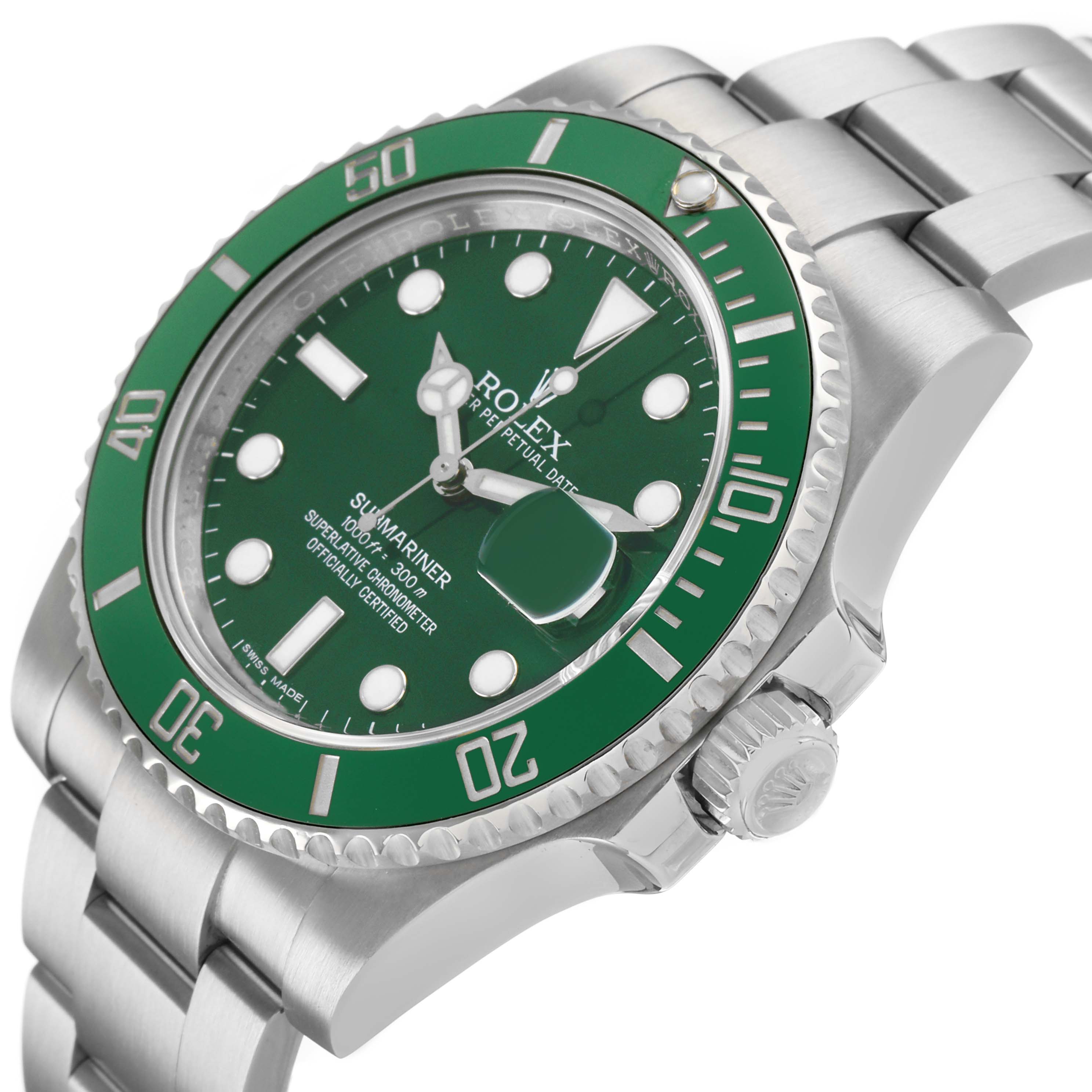 The Rolex Submariner 116610LV Men's Stainless Steel Green Dial watch is shown at an angle highlighting the green bezel, dial, and part of the bracelet.
