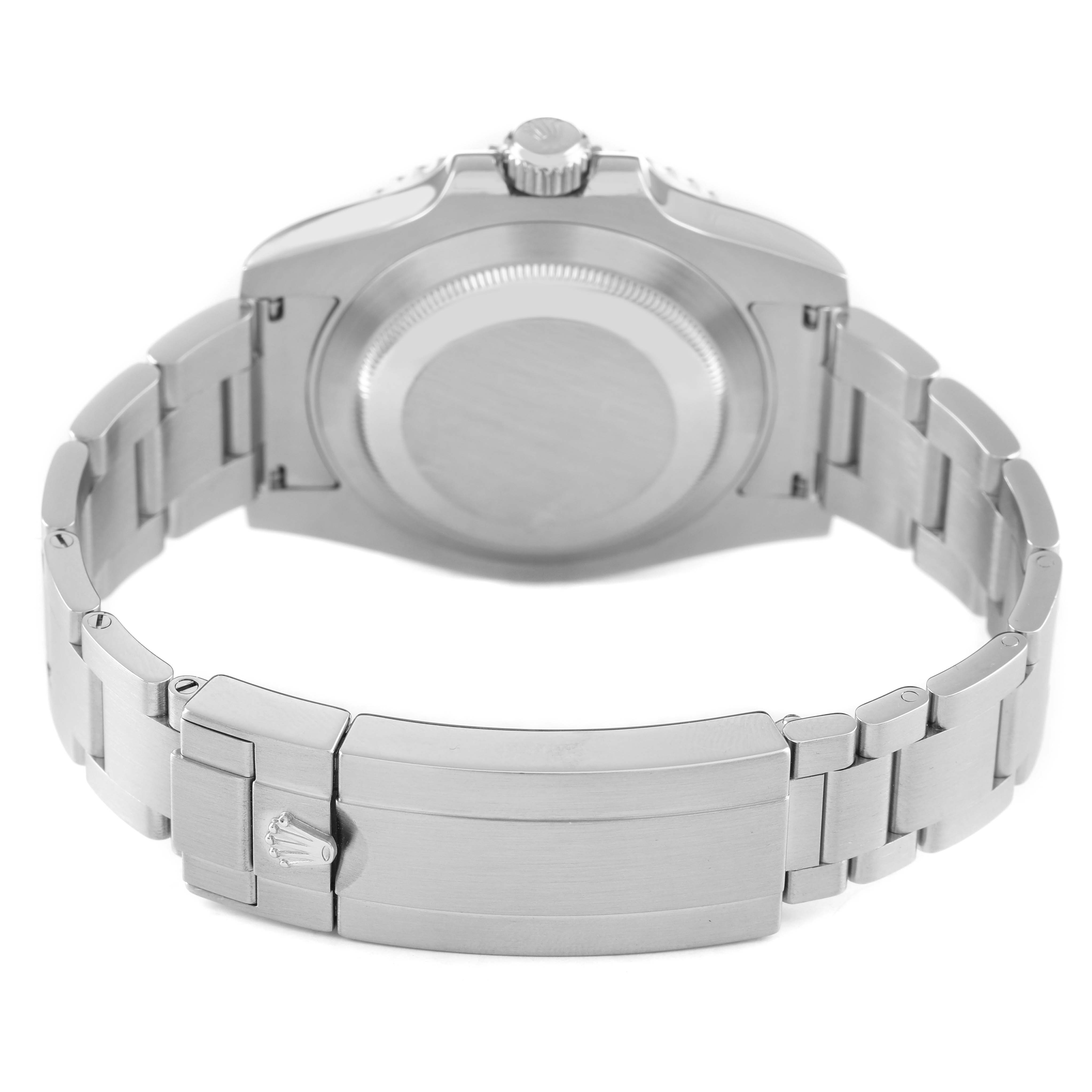 The image shows the back of a Rolex Submariner 116610LV Men's Stainless Steel Green Dial watch, highlighting the case back and bracelet clasp.