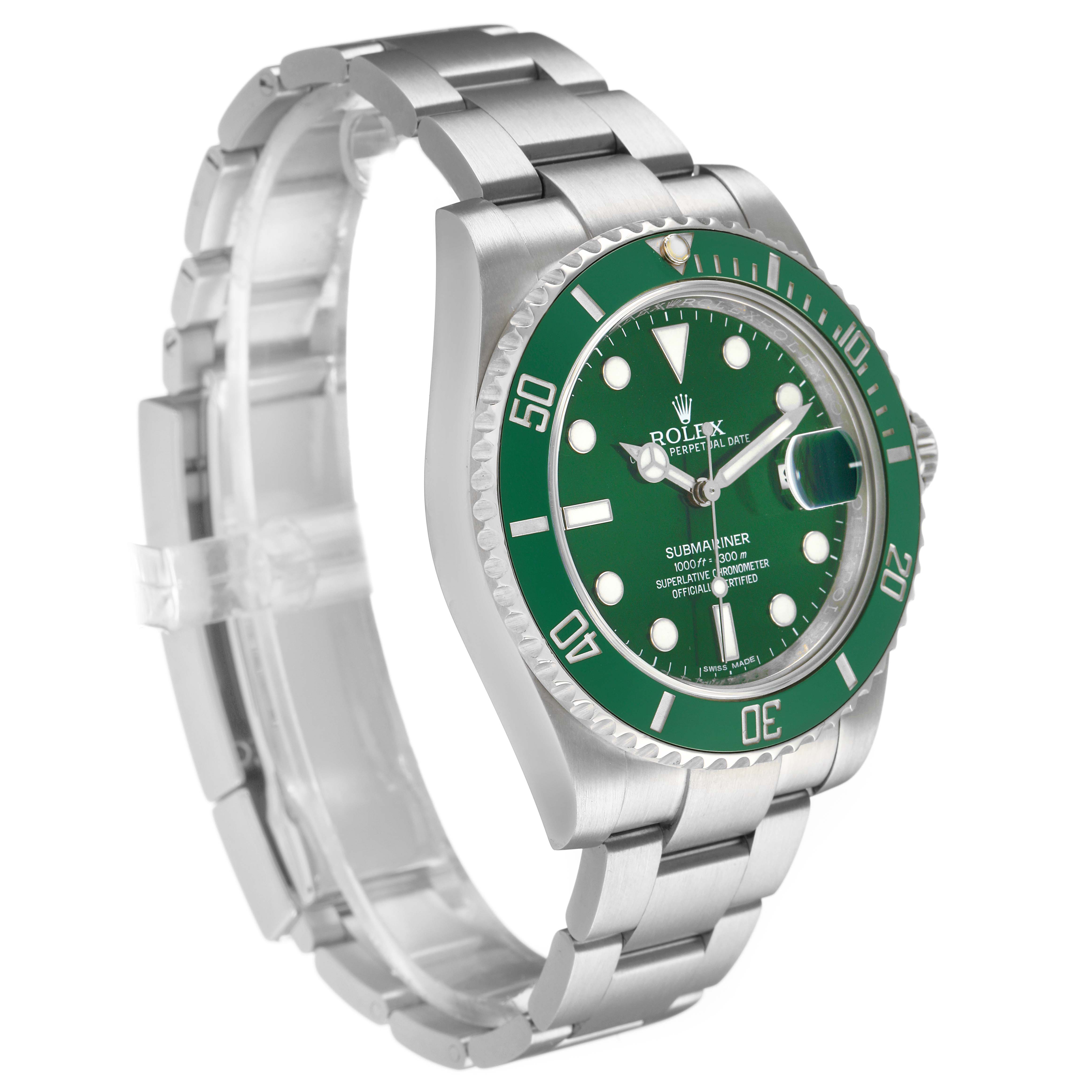 The Rolex Submariner 116610LV Men's Stainless Steel Green Dial watch is shown at an angle highlighting the face, bezel, and bracelet.
