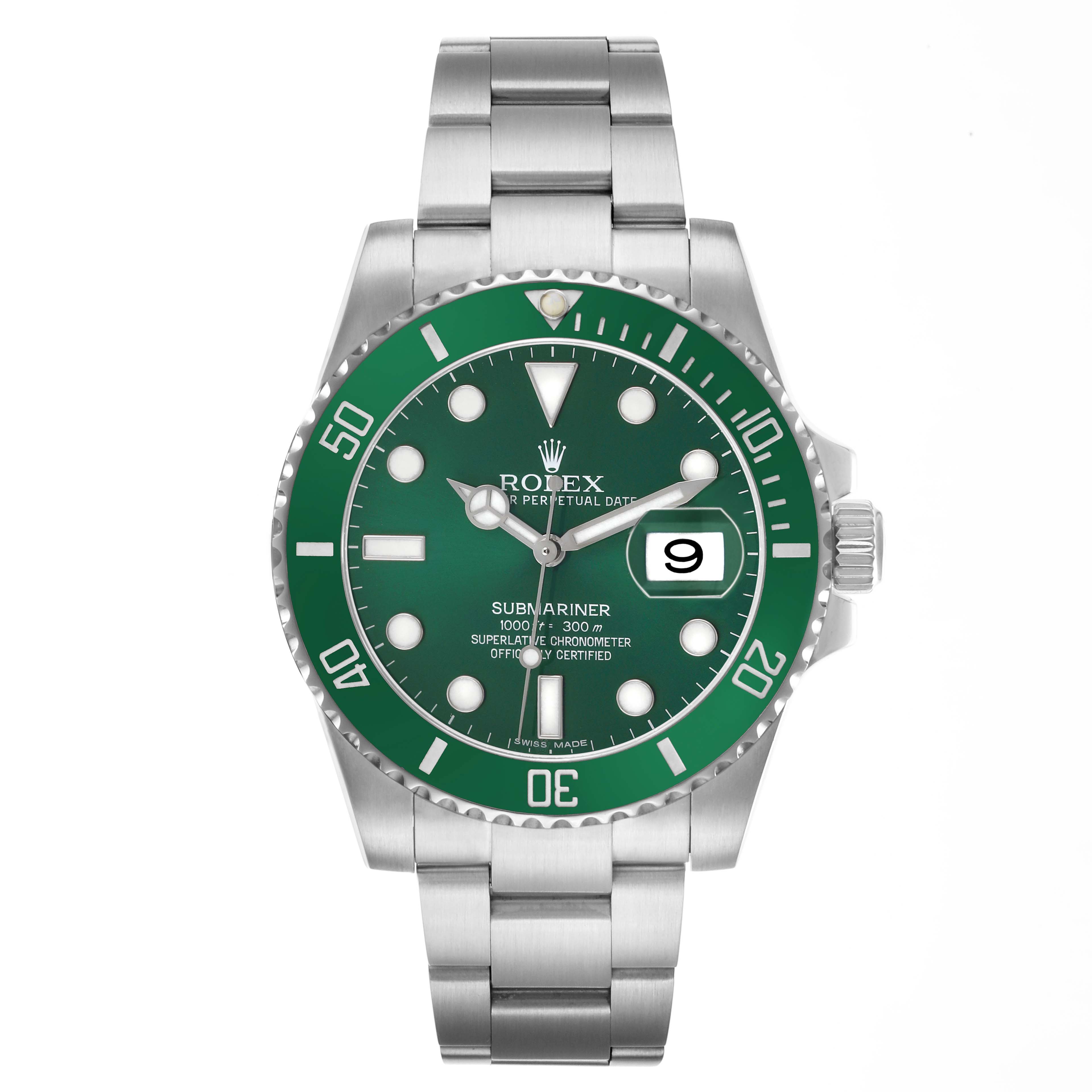 The Rolex Submariner 116610LV Men's Stainless Steel Green Dial watch is shown from the front, displaying its green dial, bezel, and bracelet.