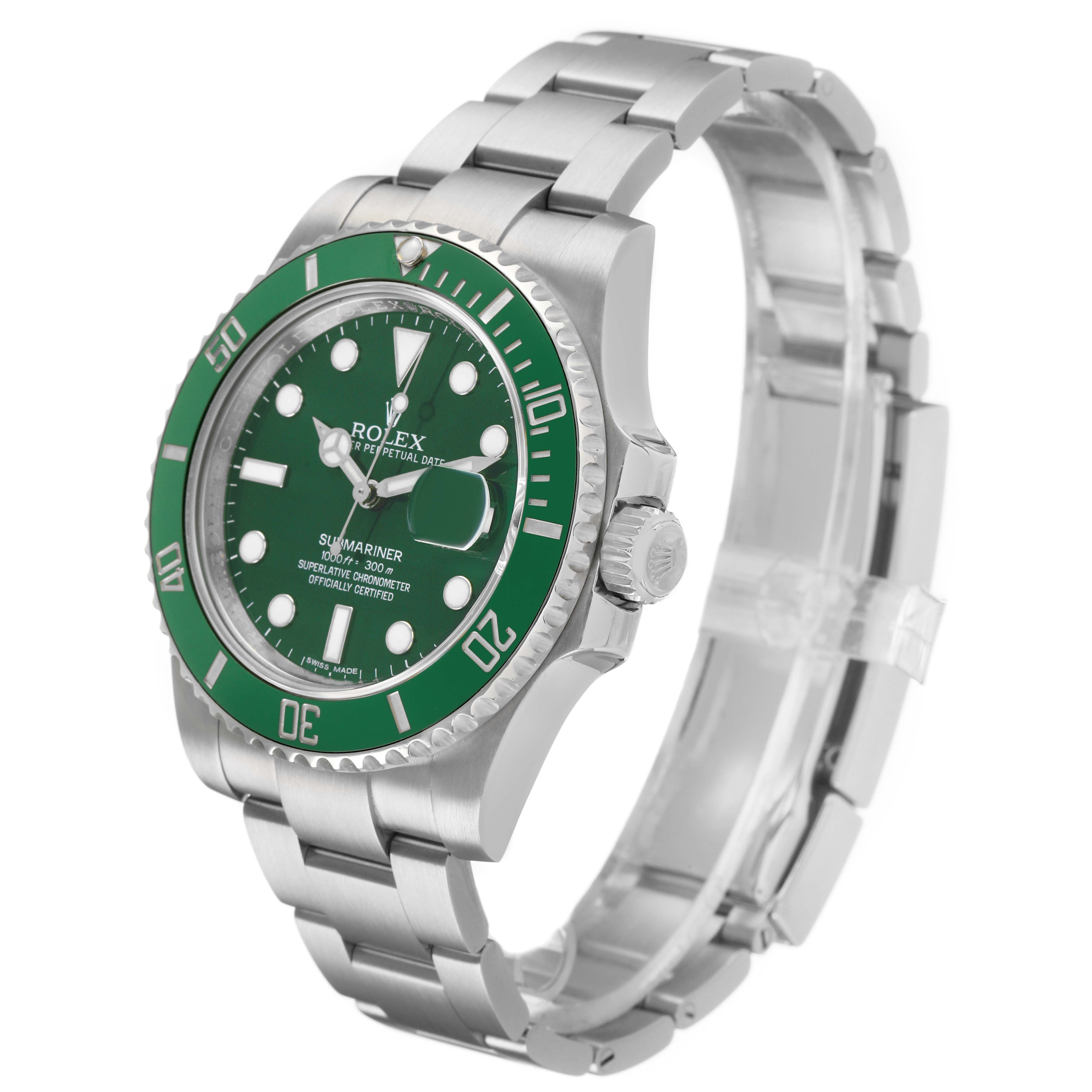The Rolex Submariner 116610LV Men's Stainless Steel Green Dial watch is shown at a slight angle, highlighting the green bezel, dial, and stainless steel bracelet.
