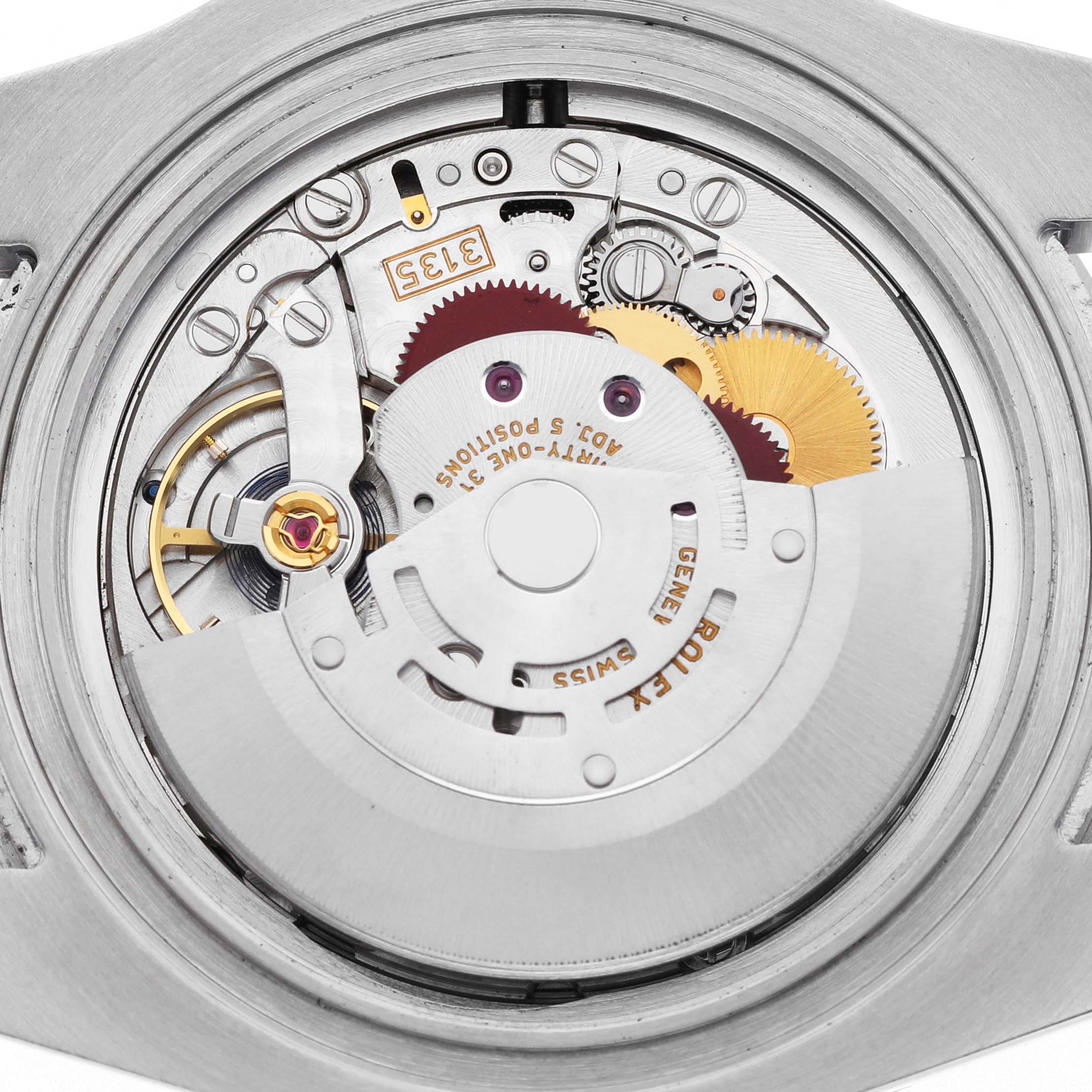 The image shows the internal movement of a Rolex Submariner 116610LV Men's Stainless Steel Green Dial watch from a top-down angle.