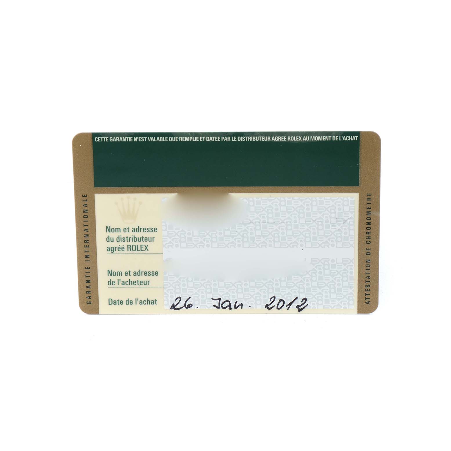 The image shows a Rolex Submariner 116610LV Men's Stainless Steel Green Dial warranty card with details like the purchase date visible.