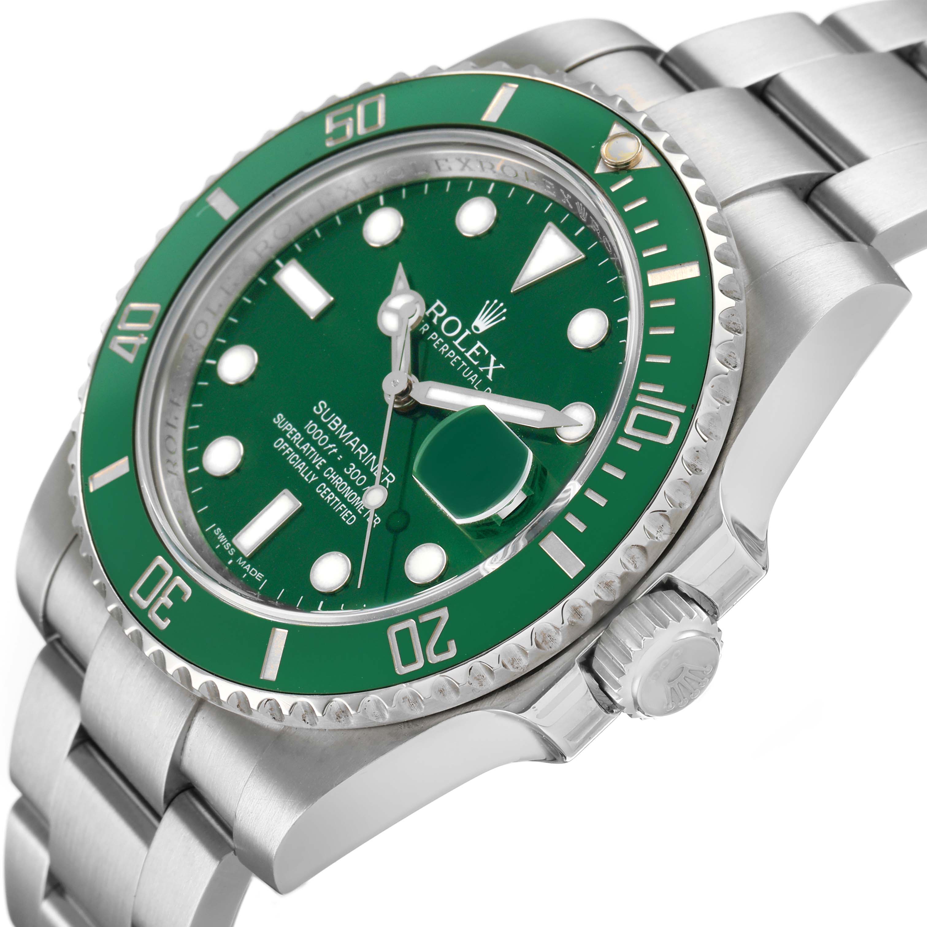The Rolex Submariner 116610LV Men's Stainless Steel Green Dial watch is shown at an angle highlighting the green dial, bezel, crown, and part of the stainless steel bracelet.