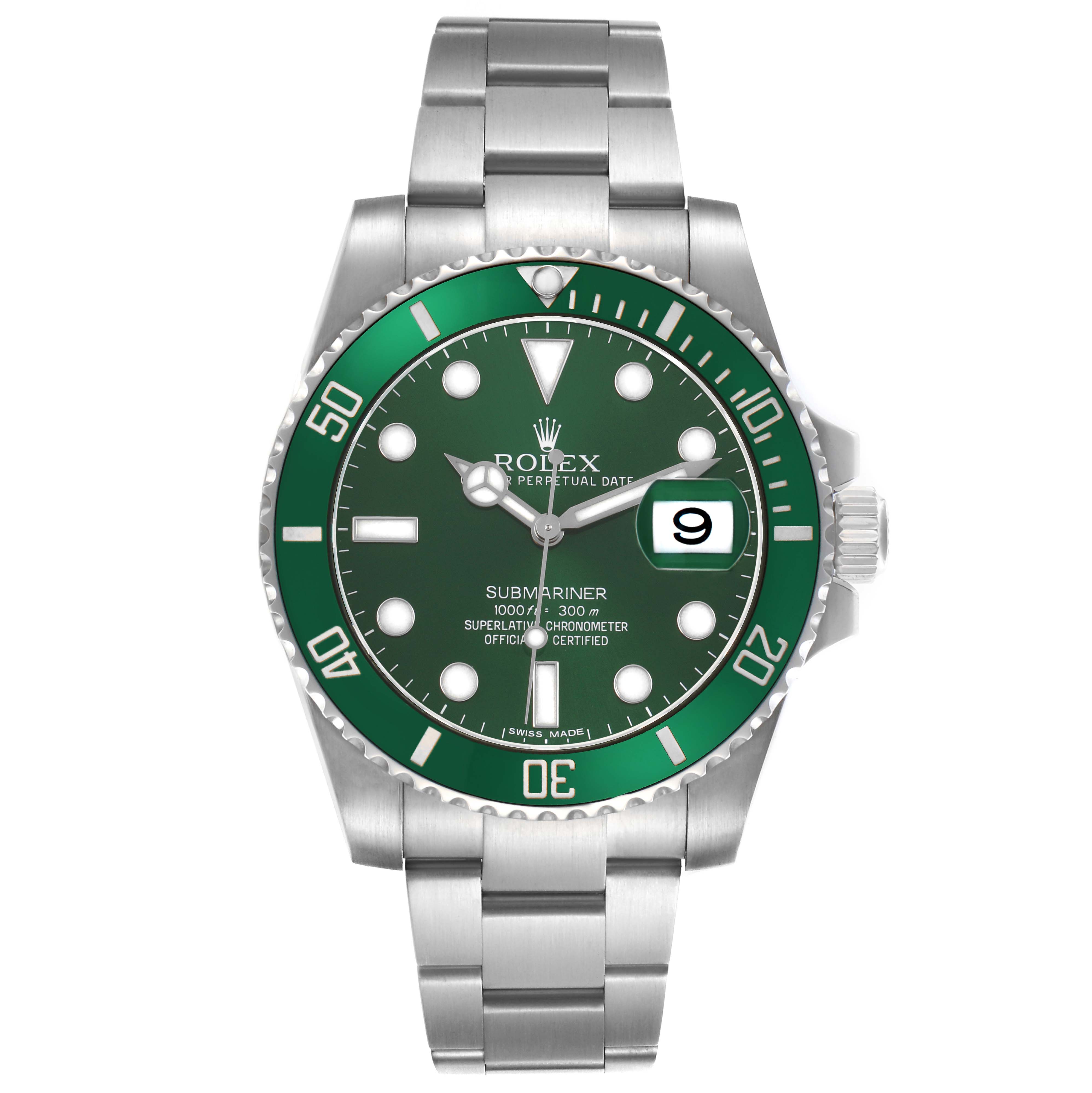 The Rolex Submariner 116610LV Men's Stainless Steel Green Dial watch is shown from a front angle, displaying the green bezel, dial, markers, and bracelet.