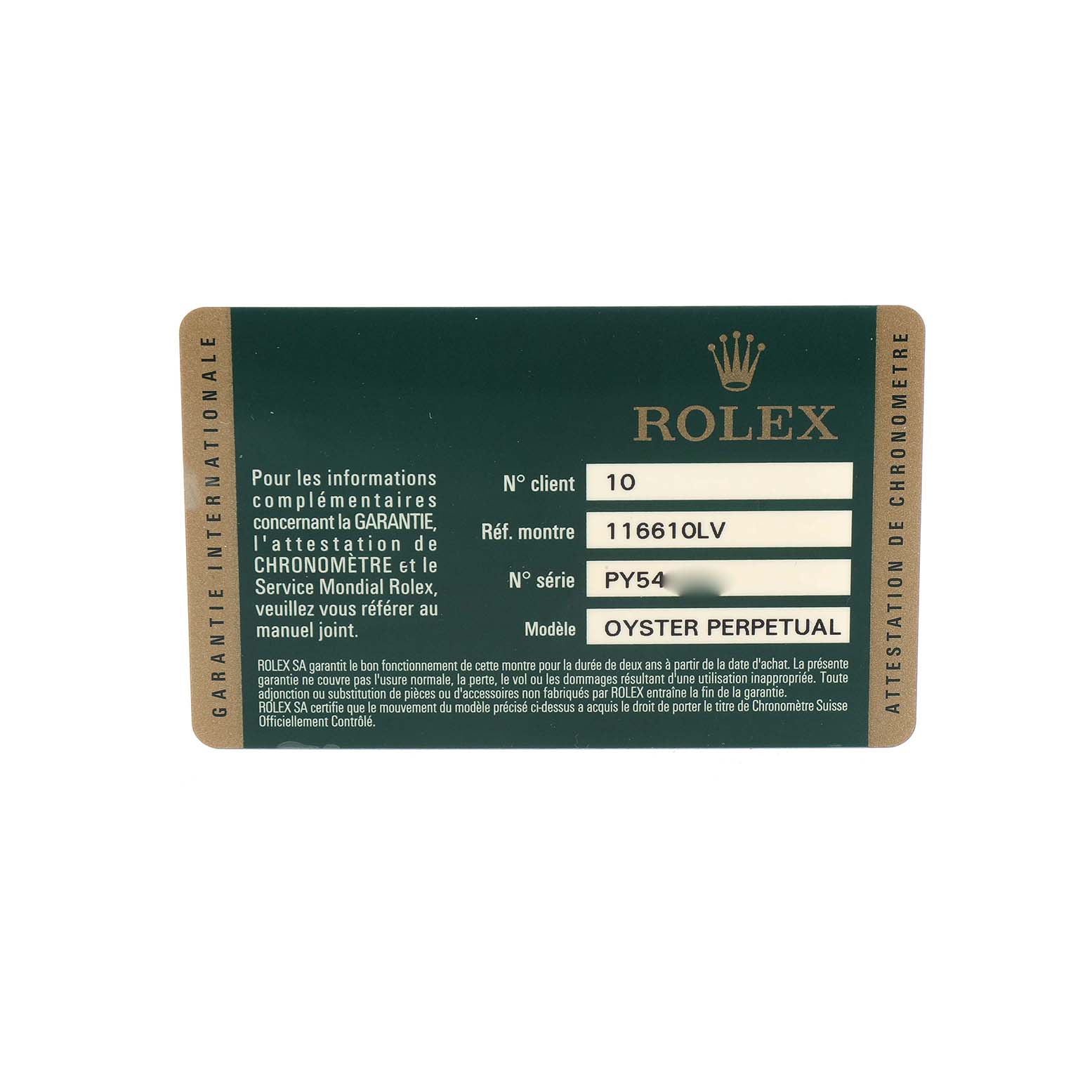 The image shows a warranty card for a Rolex Submariner 116610LV Men's Stainless Steel Green Dial, featuring model and serial numbers.