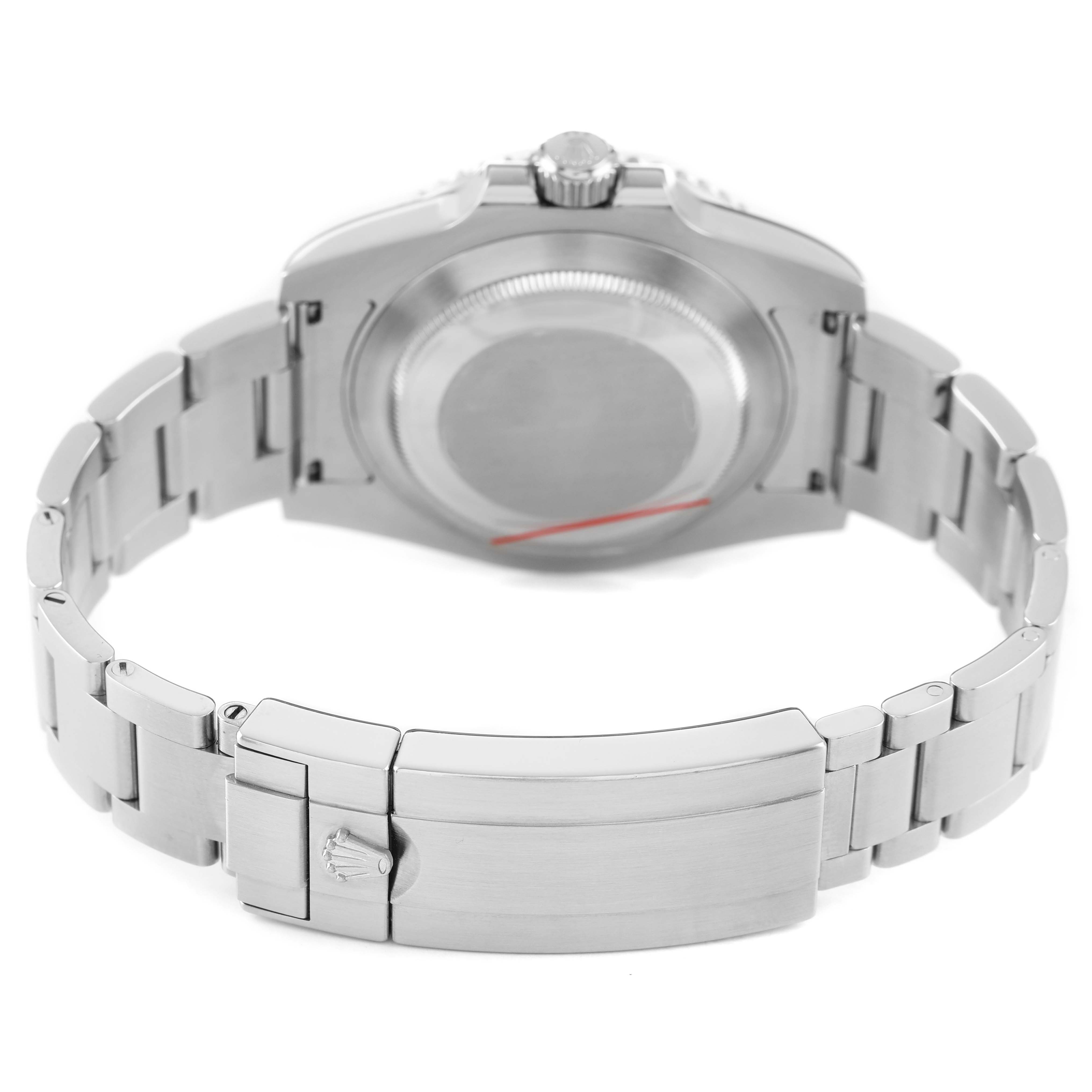 The image shows the back view of a Rolex Submariner 116610LV Men's Stainless Steel Green Dial, highlighting the case back and metal bracelet.