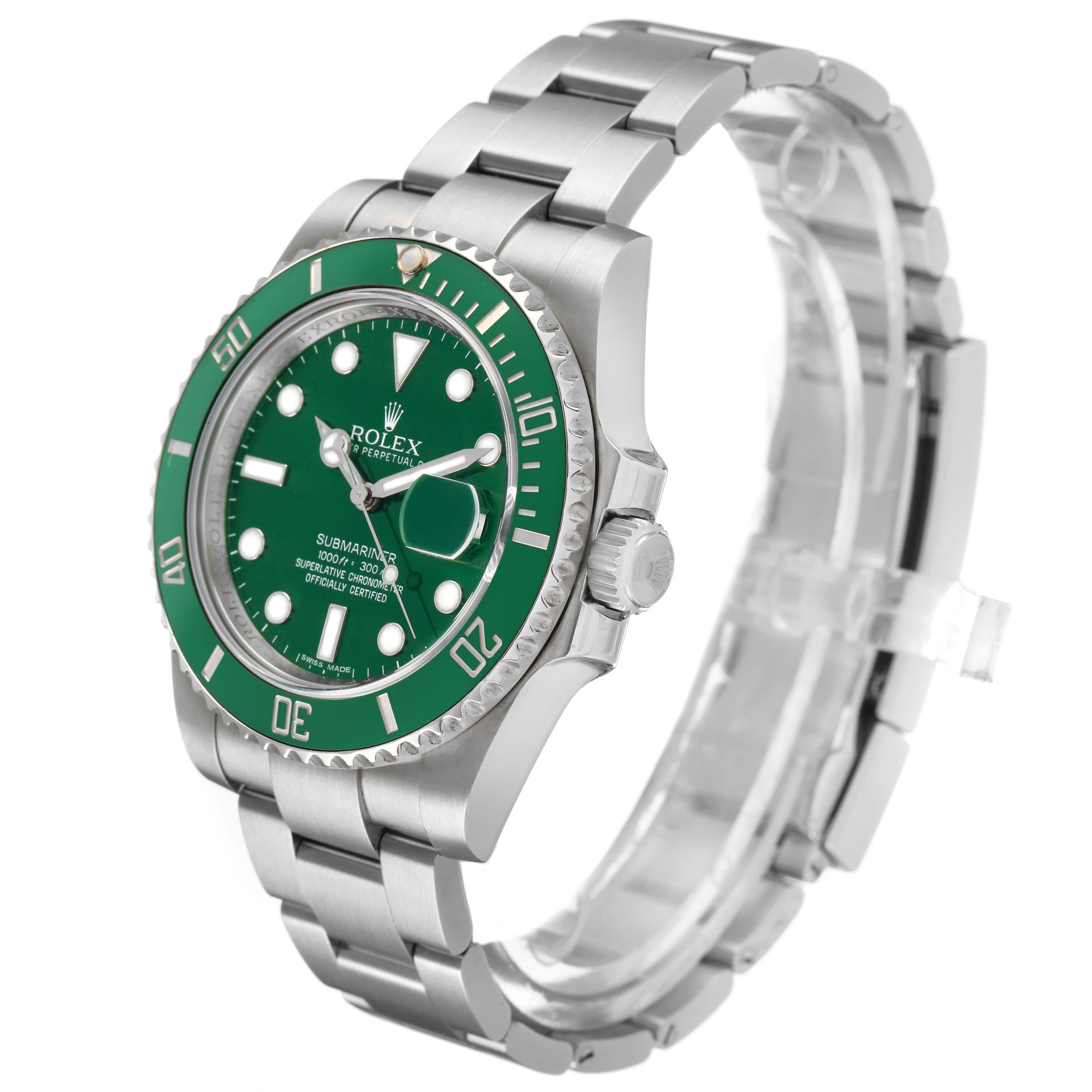 The Rolex Submariner 116610LV Men's Stainless Steel Green Dial watch is shown at a three-quarter angle, displaying the green dial, bezel, crown, and stainless steel bracelet.