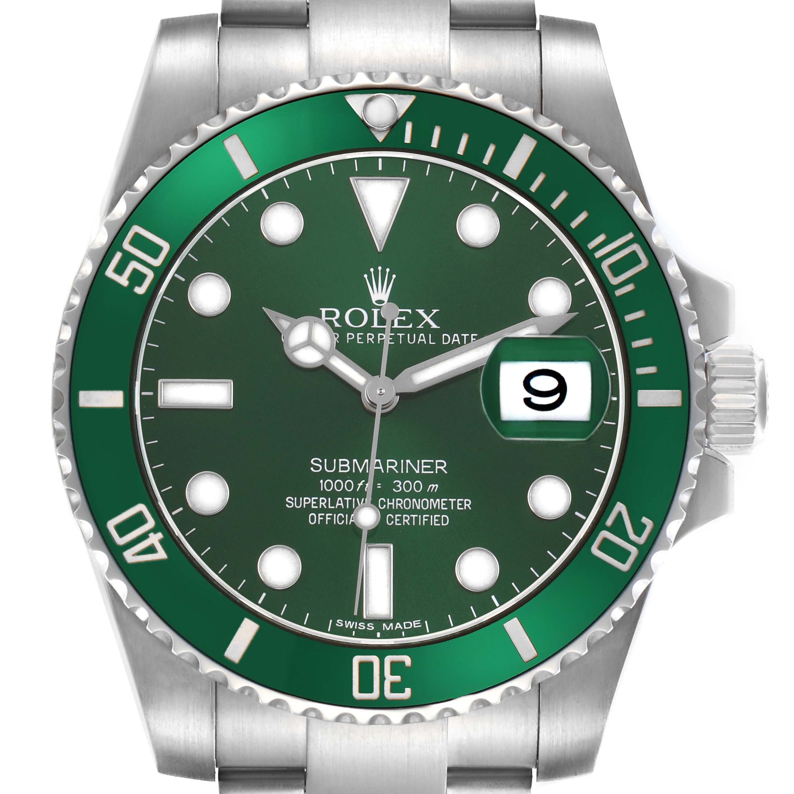 This is a frontal view of a Rolex Submariner 116610LV Men's Stainless Steel Green Dial watch, showing the green bezel and dial, hands, hour markers, and date window.