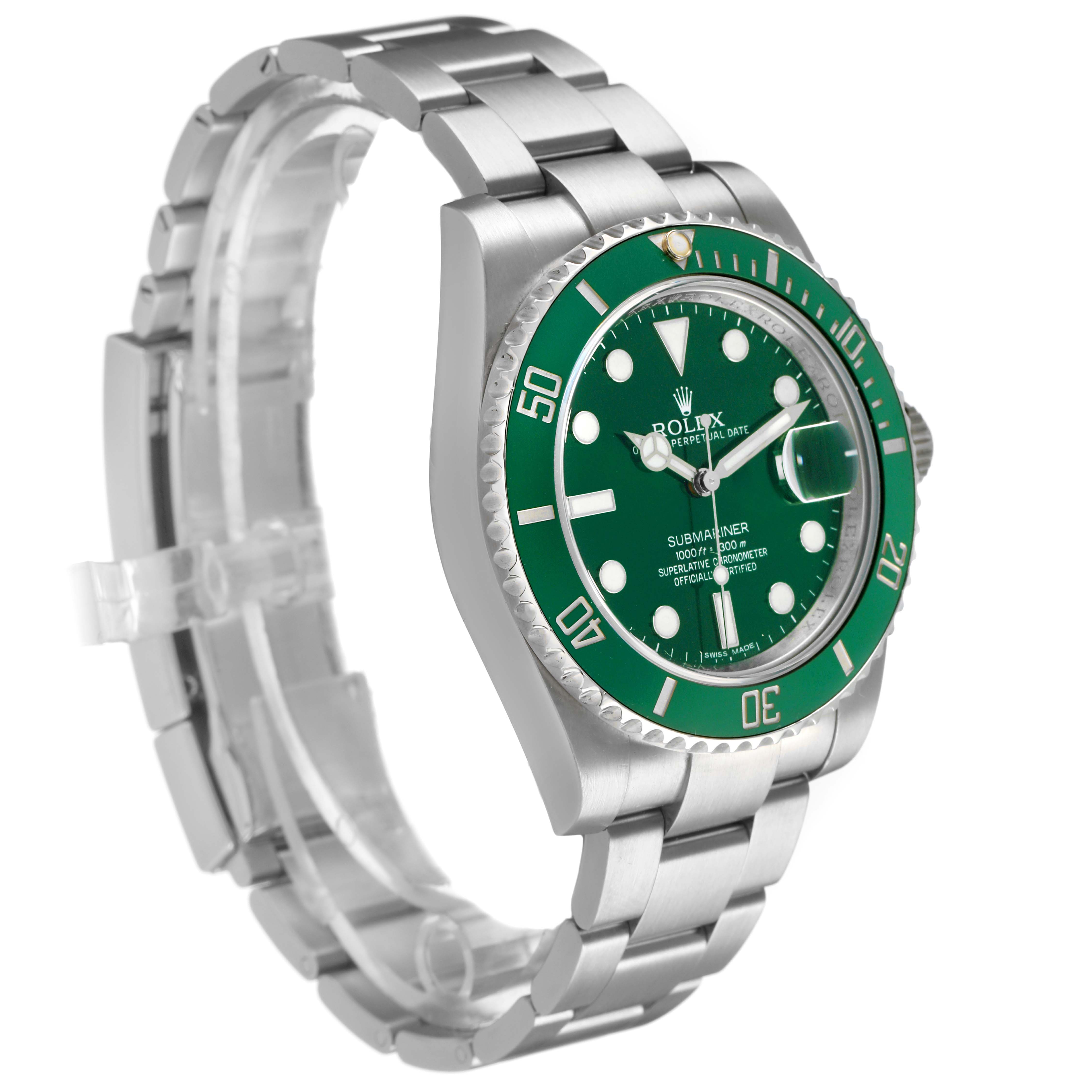 The Rolex Submariner 116610LV Men's Stainless Steel Green Dial watch is shown at a three-quarter angle, highlighting the face, bezel, and bracelet.