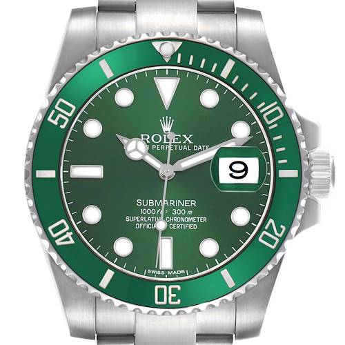 The Rolex Submariner 116610LV Men's Stainless Steel Green Dial watch is shown from a front angle, highlighting its green dial, bezel, and bracelet.
