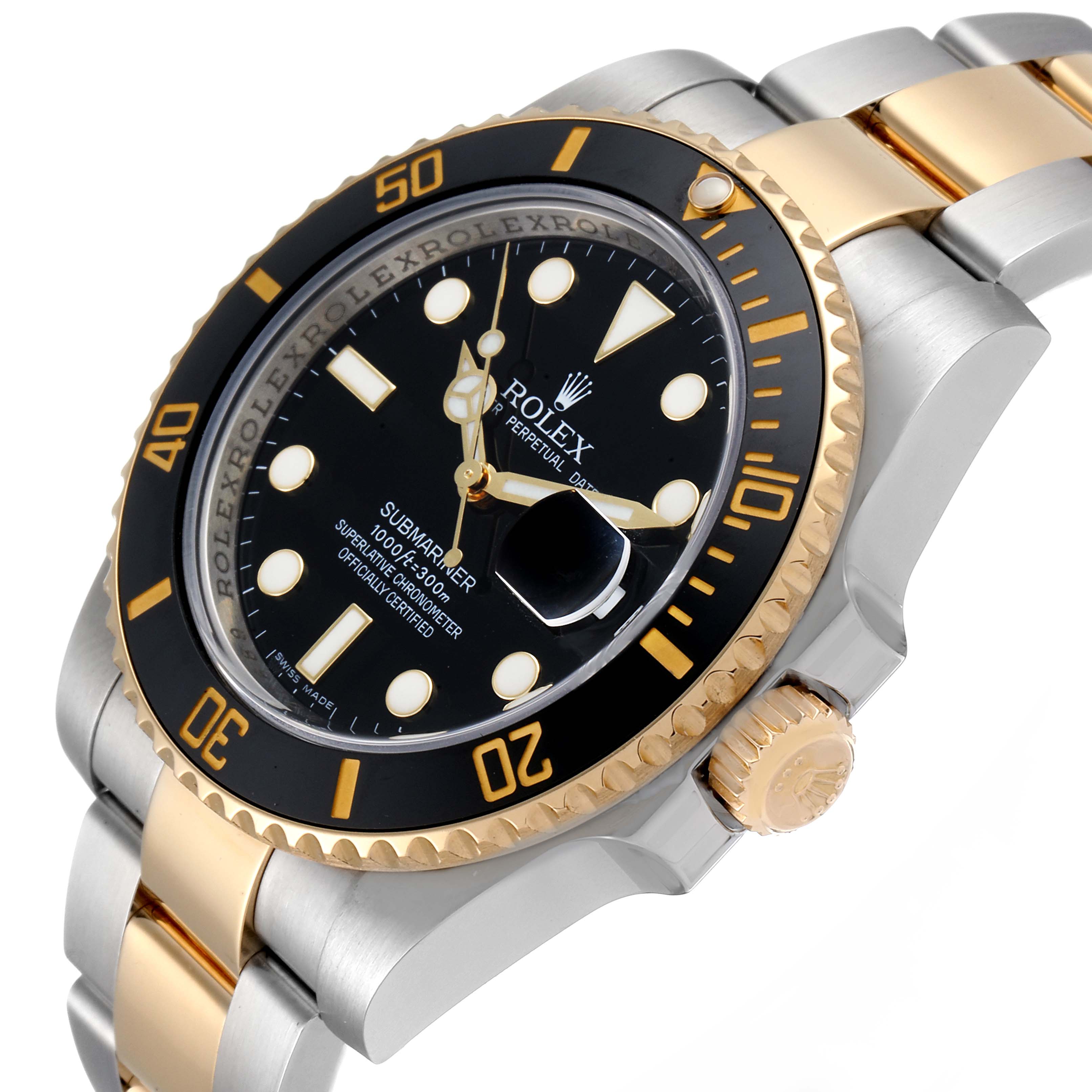 The image shows a Rolex Submariner 116613 Men's Steel and Gold (two tone) Black Dial 116613 Men's Steel and Gold (two tone) Black Dial watch at a three-quarter angle, highlighting the bezel, crown, dial, and bracelet.