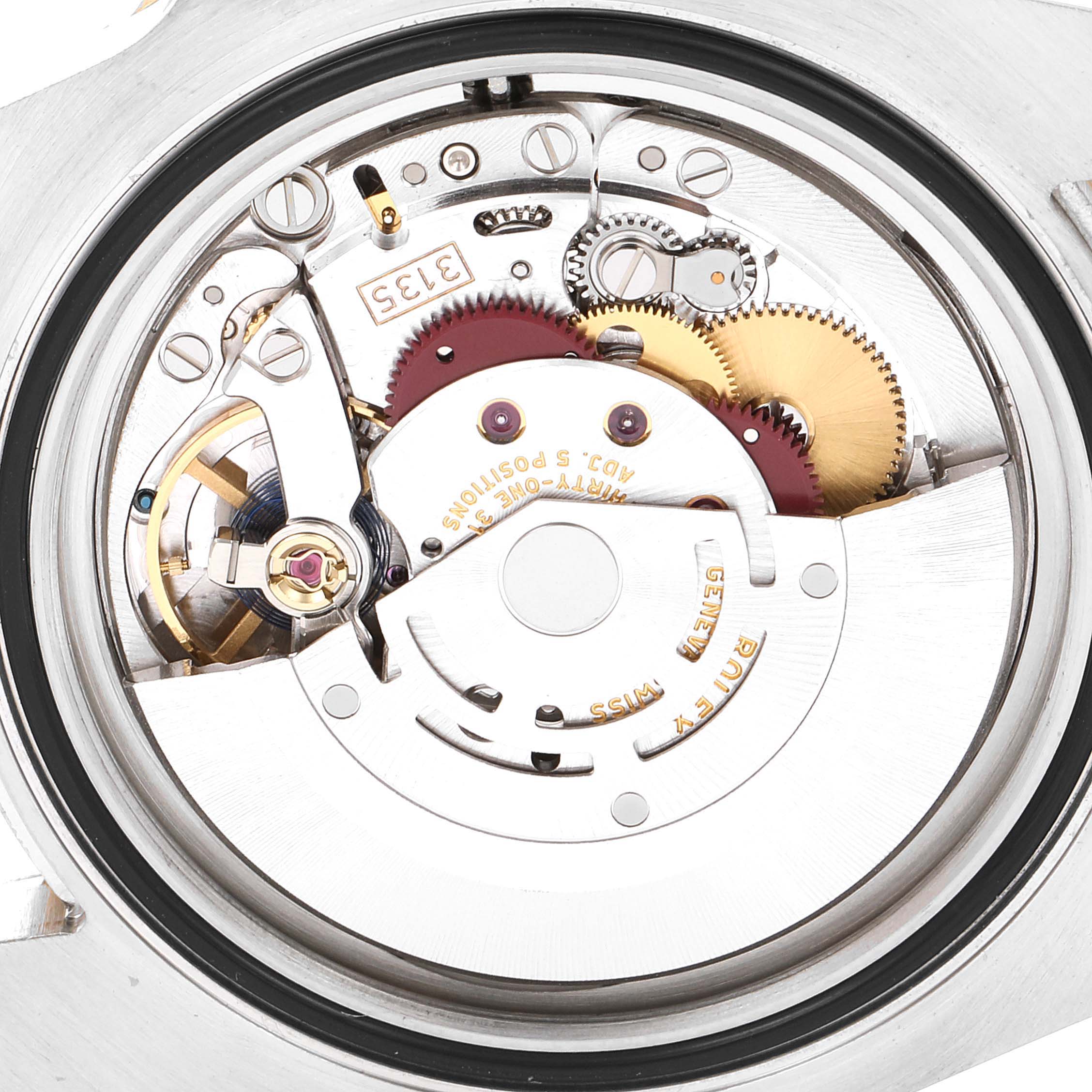 This image shows a close-up view of the internal movement mechanism of a Rolex Submariner 116613 Men's Steel and Gold (two tone) Black Dial 116613 Men's Steel and Gold (two tone) Black Dial watch.
