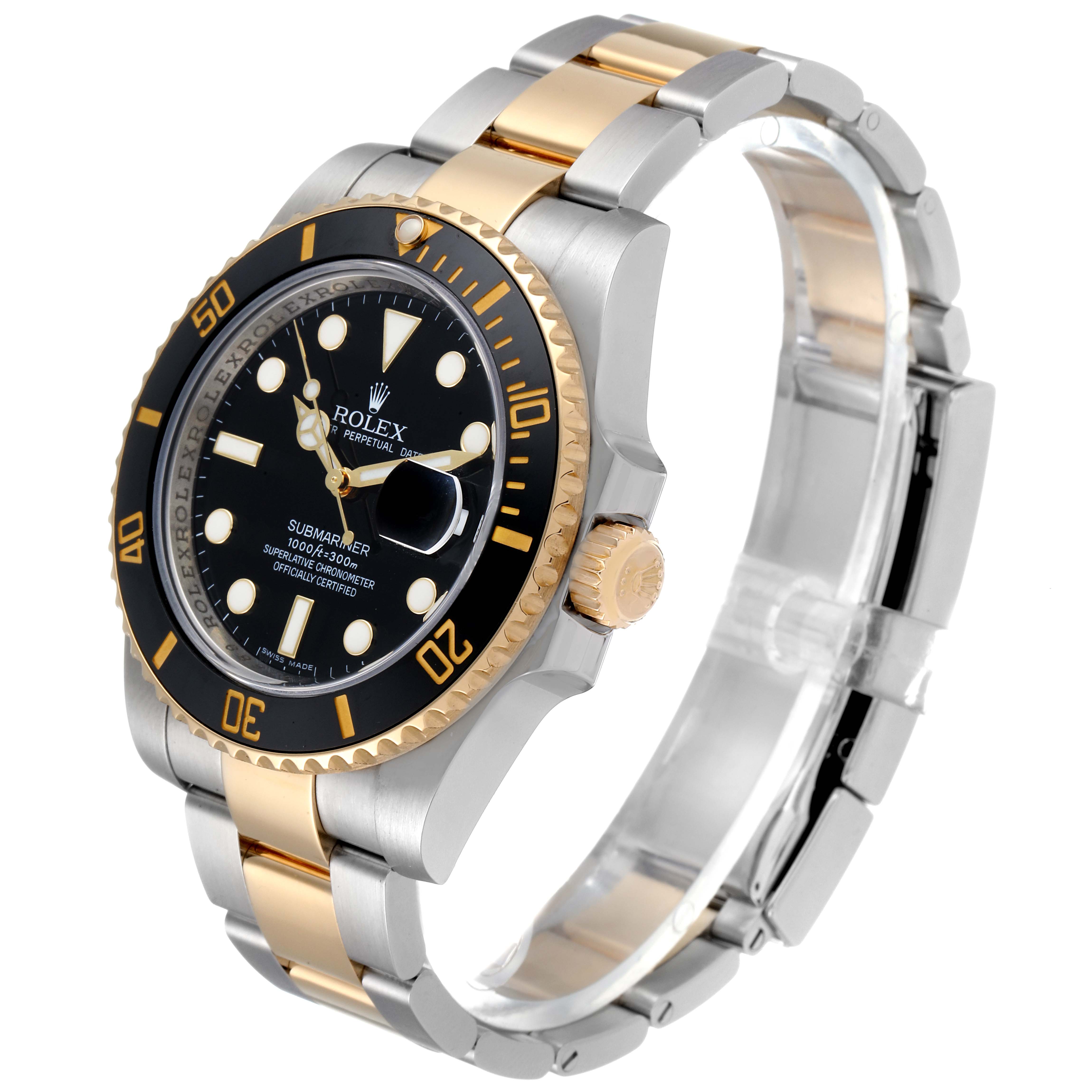 The image shows a side angle of a Rolex Submariner 116613 Men's Steel and Gold (two tone) Black Dial 116613 Men's Steel and Gold (two tone) Black Dial watch, featuring its bezel, dial, and two-tone bracelet.