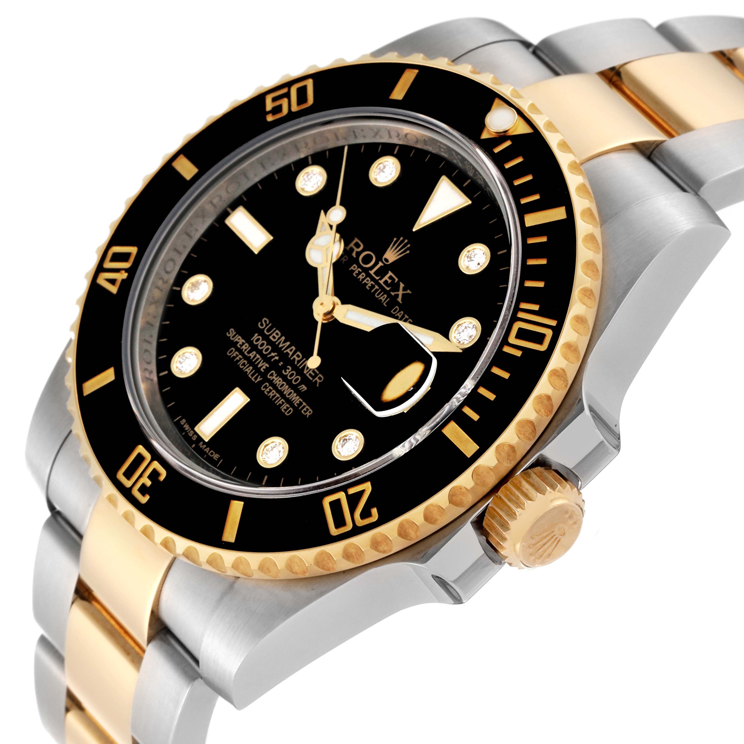 The image shows the Rolex Submariner 116613 Men's Steel and Gold (two tone) Black Dial 116613 Men's Steel and Gold (two tone) Black Dial watch at an angled view, highlighting the bezel, dial, crown, and part of the bracelet.