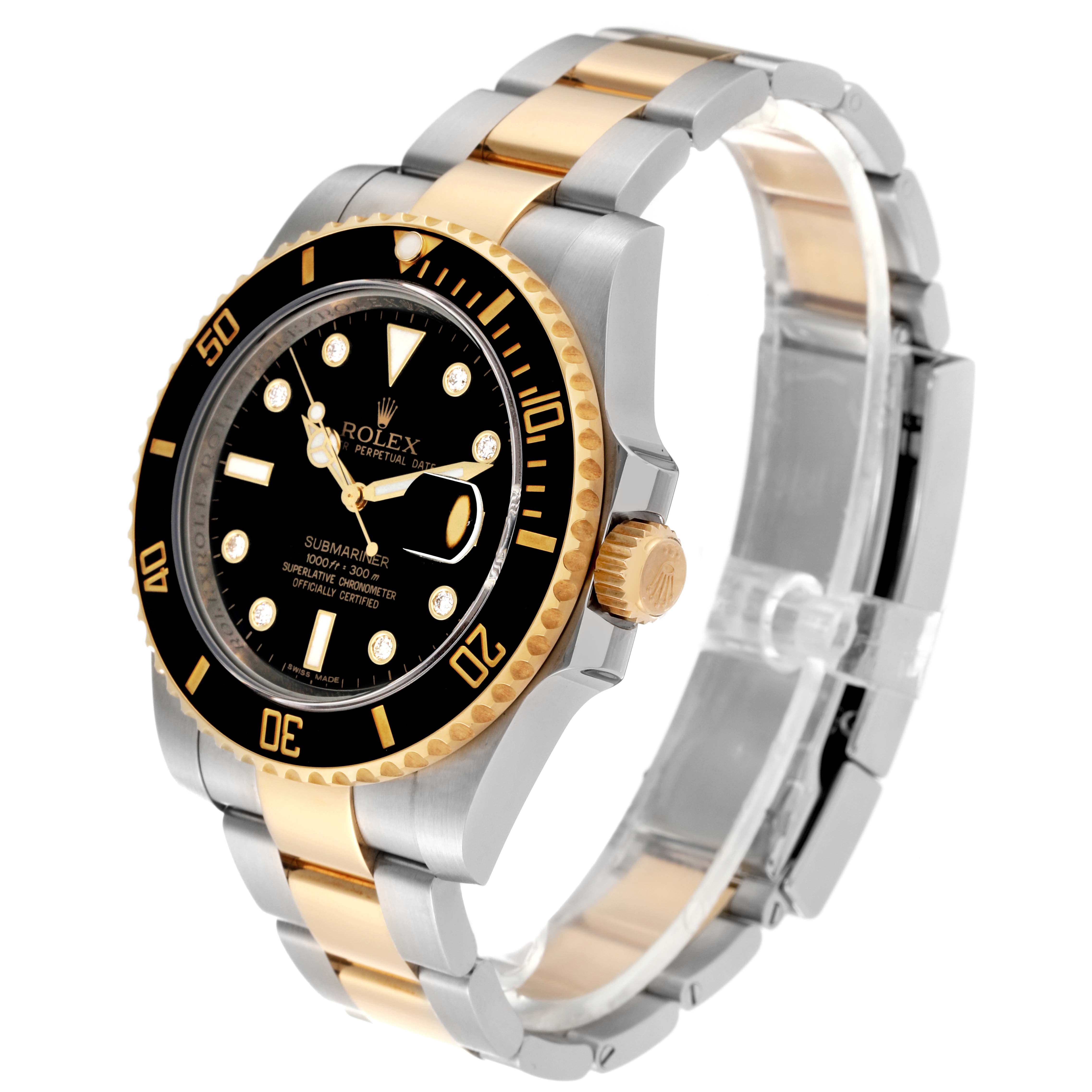 The Rolex Submariner 116613 Men's Steel and Gold (two tone) Black Dial 116613 Men's Steel and Gold (two tone) Black Dial watch is shown at a three-quarter angle, highlighting the dial, bezel, crown, and two-tone bracelet.