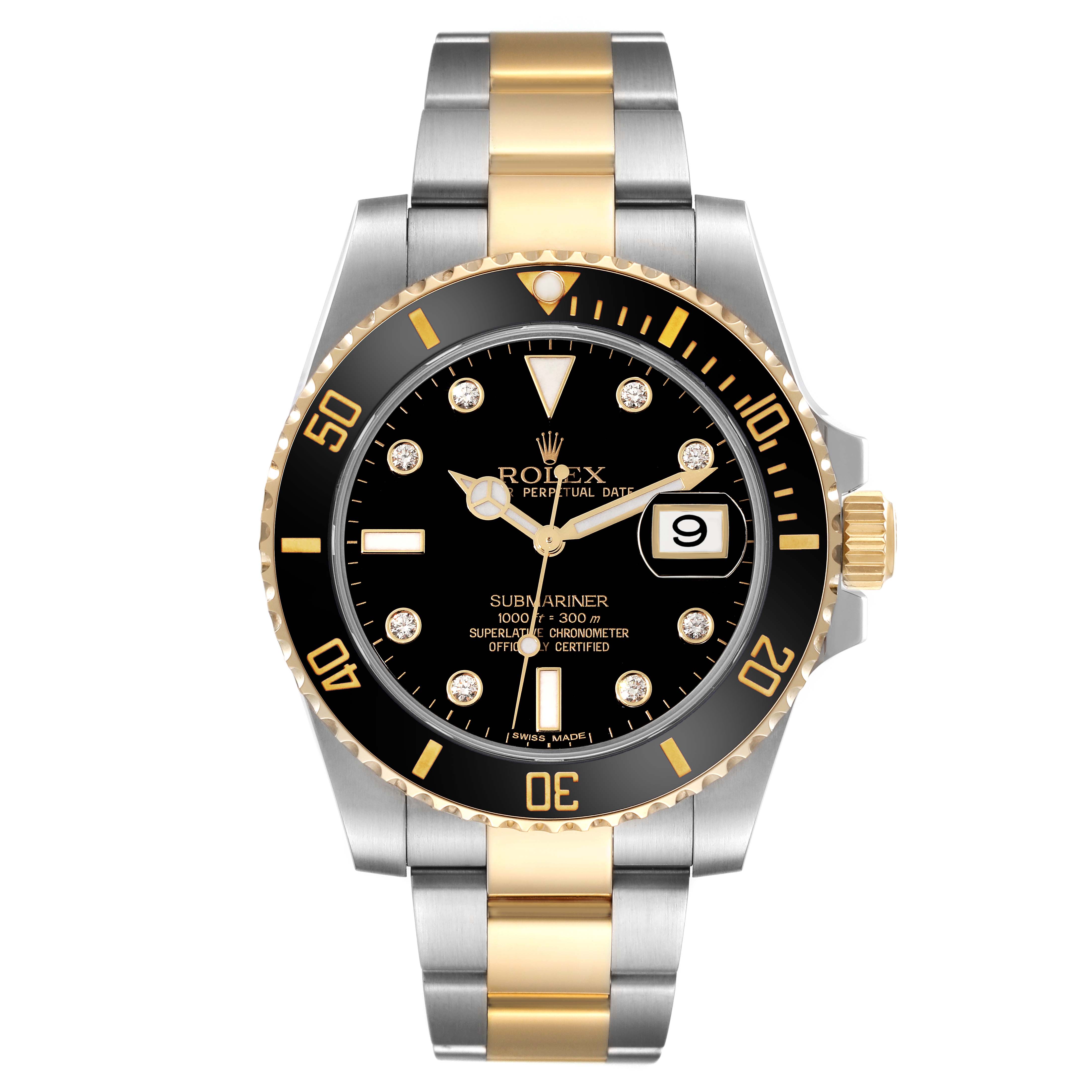 The image shows a front view of the Rolex Submariner 116613 Men's Steel and Gold (two tone) Black Dial 116613 Men's Steel and Gold (two tone) Black Dial model watch, highlighting its bezel, dial, and bracelet.