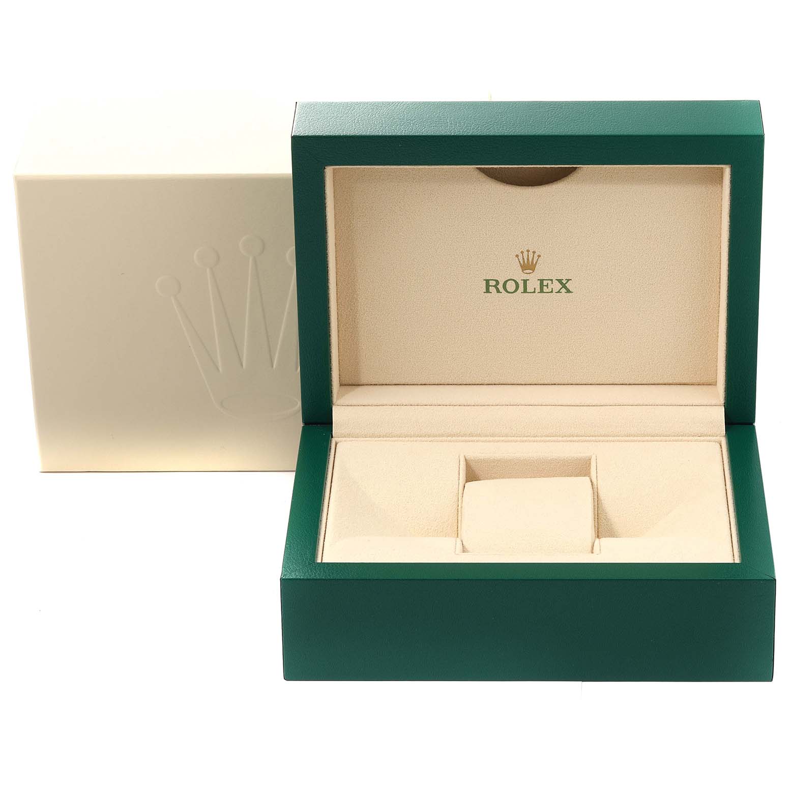 The image shows an open green and beige Rolex watch box for the Submariner model.