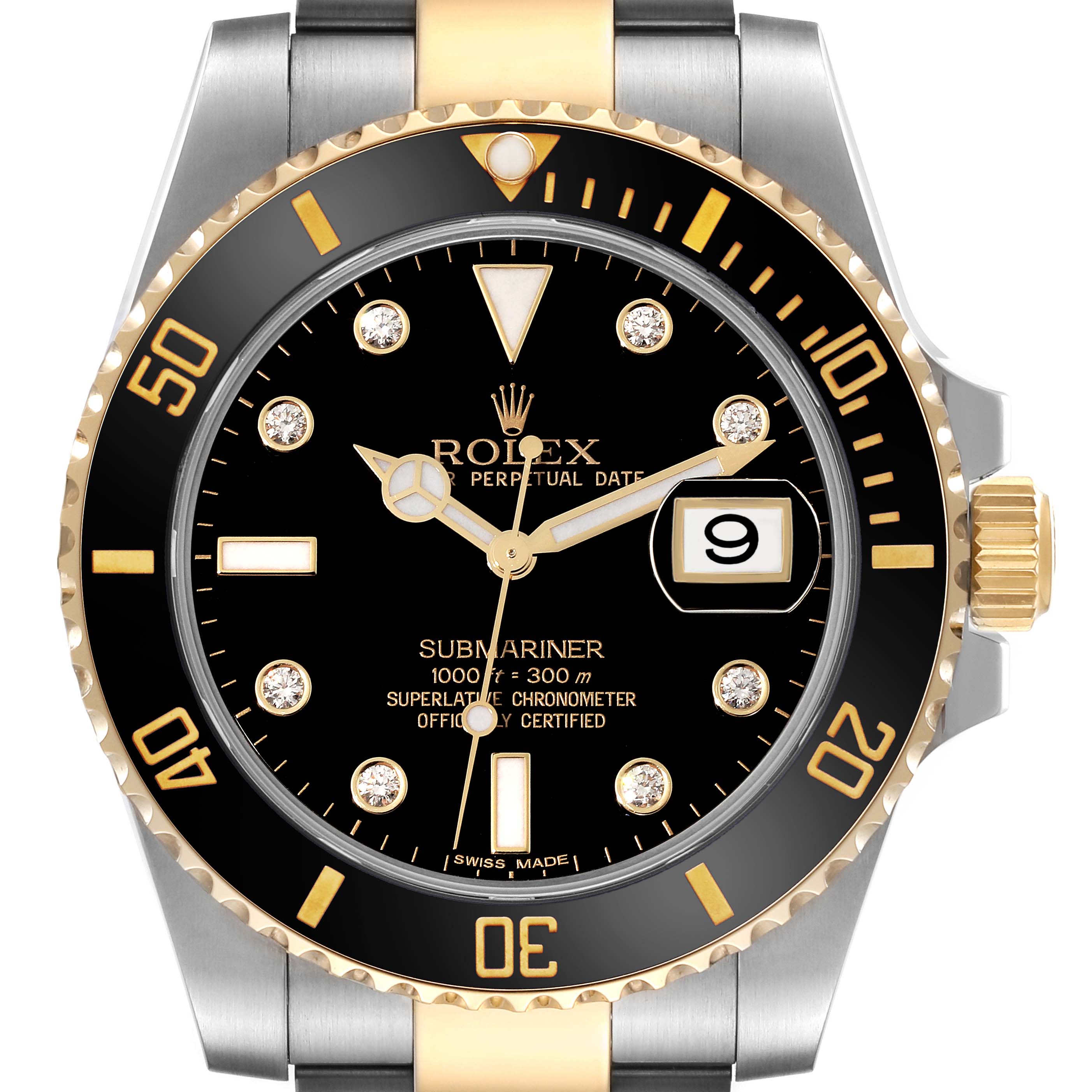 The image shows a frontal view of a Rolex Submariner 116613 Men's Steel and Gold (two tone) Black Dial 116613 Men's Steel and Gold (two tone) Black Dial with a black dial, gold accents, and a date display.