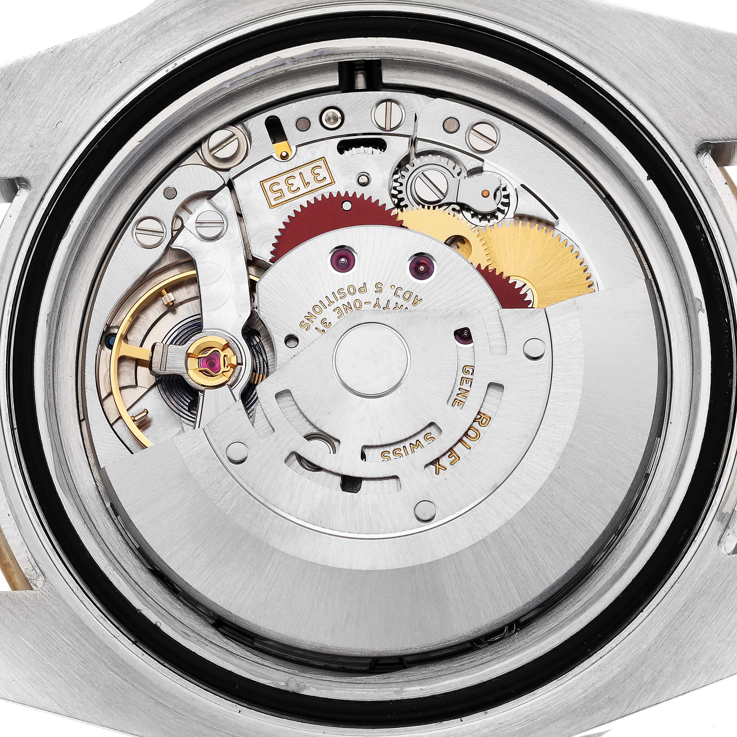 The image shows a close-up angle of the internal movement mechanism of a Rolex Submariner 116613 Men's Steel and Gold (two tone) Black Dial 116613 Men's Steel and Gold (two tone) Black Dial watch.