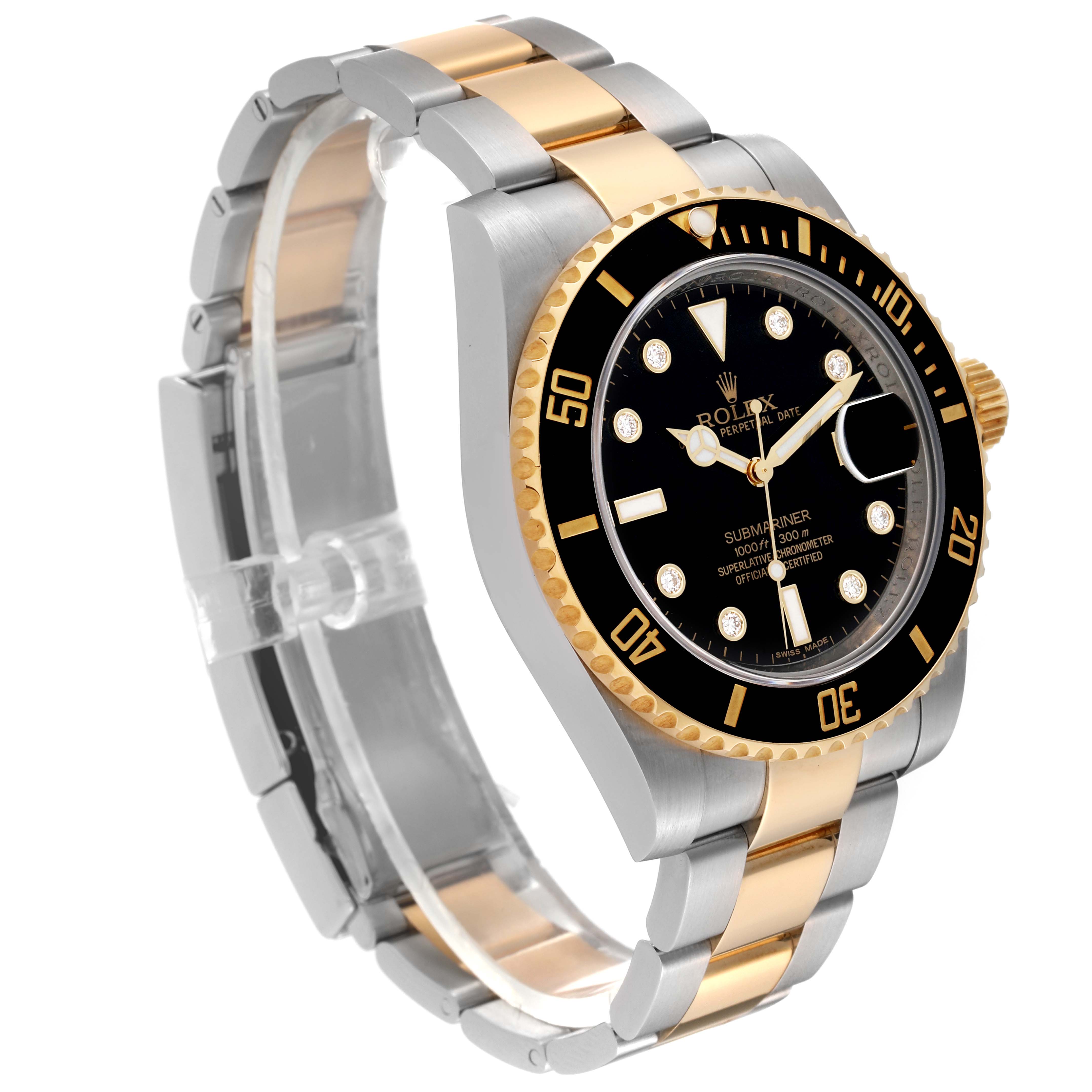 The image shows a Rolex Submariner 116613 Men's Steel and Gold (two tone) Black Dial 116613 Men's Steel and Gold (two tone) Black Dial watch from an angled side view, highlighting its gold and silver bracelet and black dial.