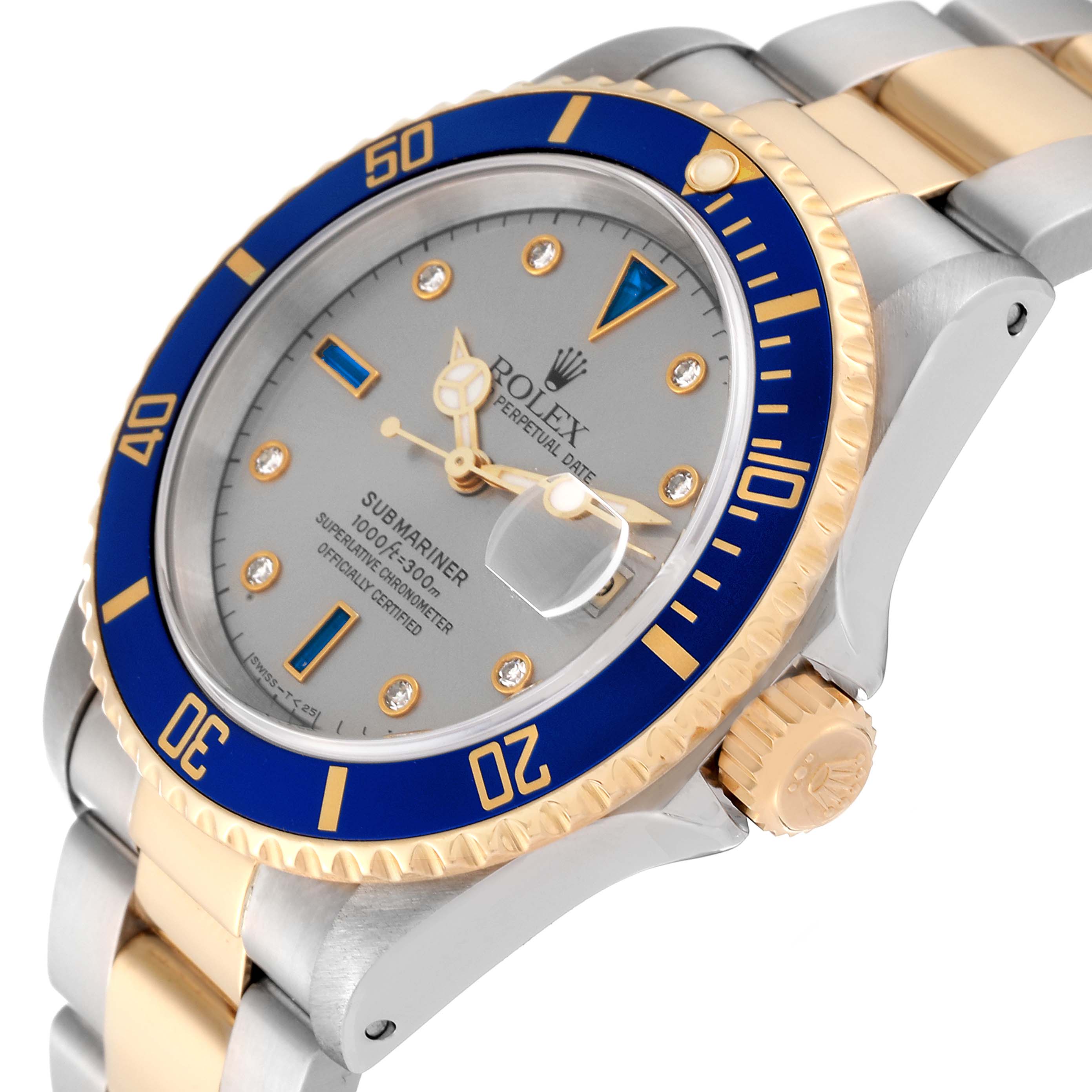 The Rolex Submariner 16613 Men's Steel and Gold (two tone) Grey Dial 16613 Men's Steel and Gold (two tone) Grey Dial watch is shown at an angle highlighting the dial, bezel, crown, and part of the bracelet.