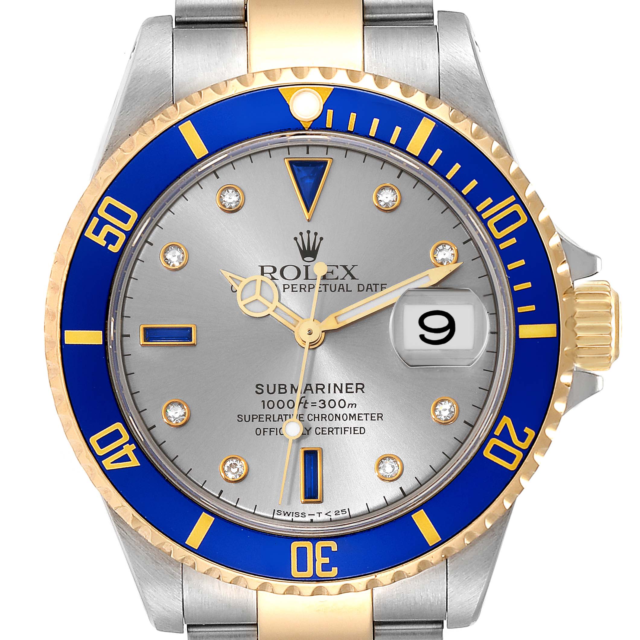 The image shows a frontal view of a Rolex Submariner 16613 Men's Steel and Gold (two tone) Grey Dial 16613 Men's Steel and Gold (two tone) Grey Dial watch, featuring a blue bezel, silver dial, and diamond hour markers.
