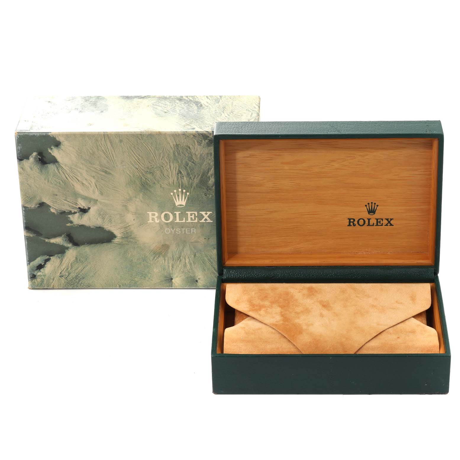 This image shows an open box for a Rolex Submariner 16613 Men's Steel and Gold (two tone) Grey Dial 16613 Men's Steel and Gold (two tone) Grey Dial watch with the lid displaying the Rolex logo and branding.