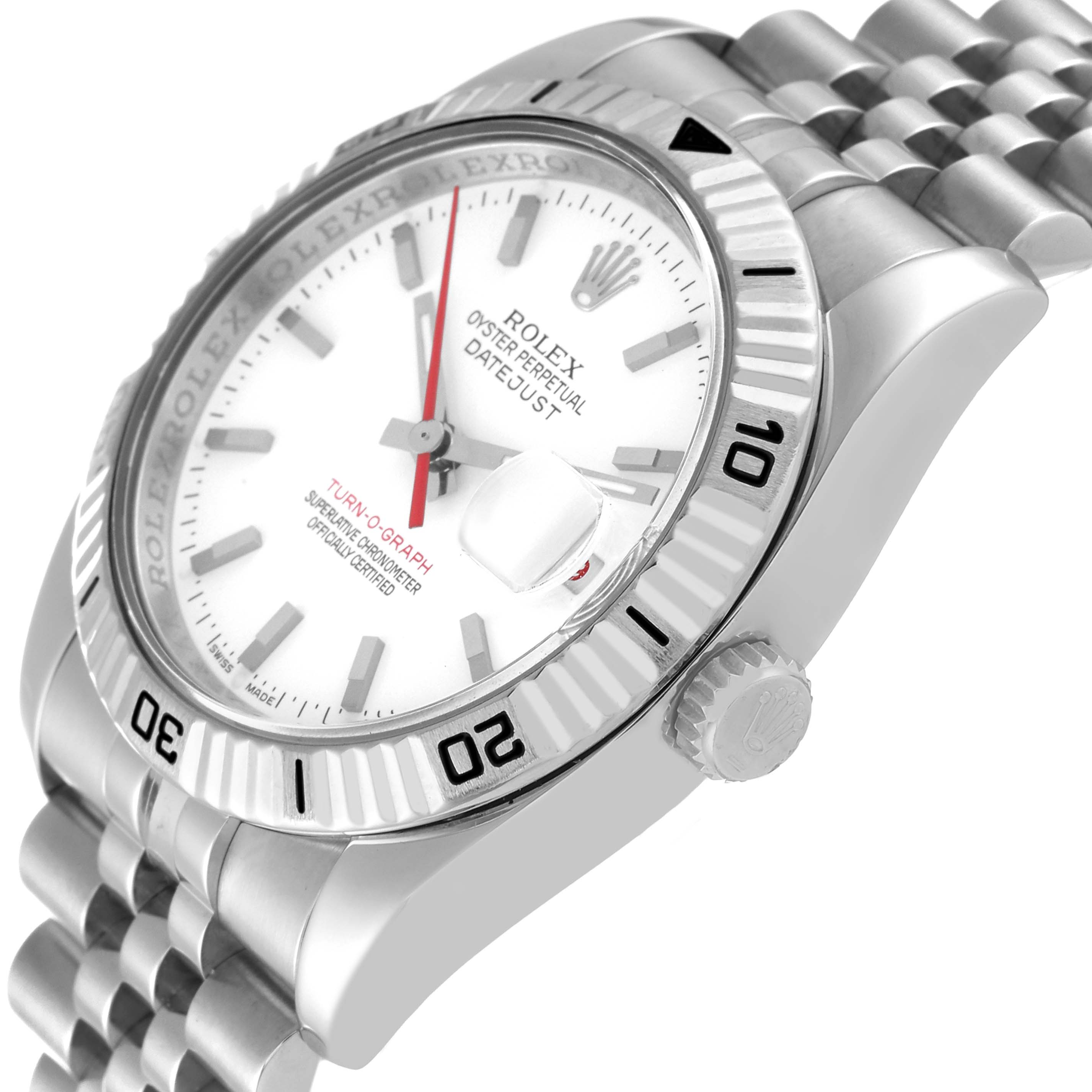 The image shows a Rolex Turn-o-Graph 116264 Men's Stainless Steel White Dial 116264 Men's Stainless Steel White Dial watch at an angled side view, highlighting the dial, bezel, crown, and part of the jubilee bracelet.