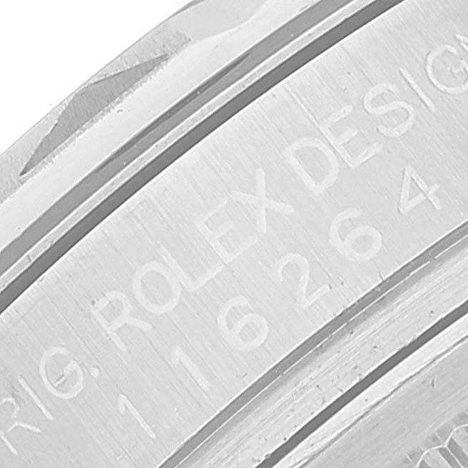 This image shows a close-up of the inner bezel and engraved details of the Rolex Turn-o-Graph 116264 Men's Stainless Steel White Dial 116264 Men's Stainless Steel White Dial watch.