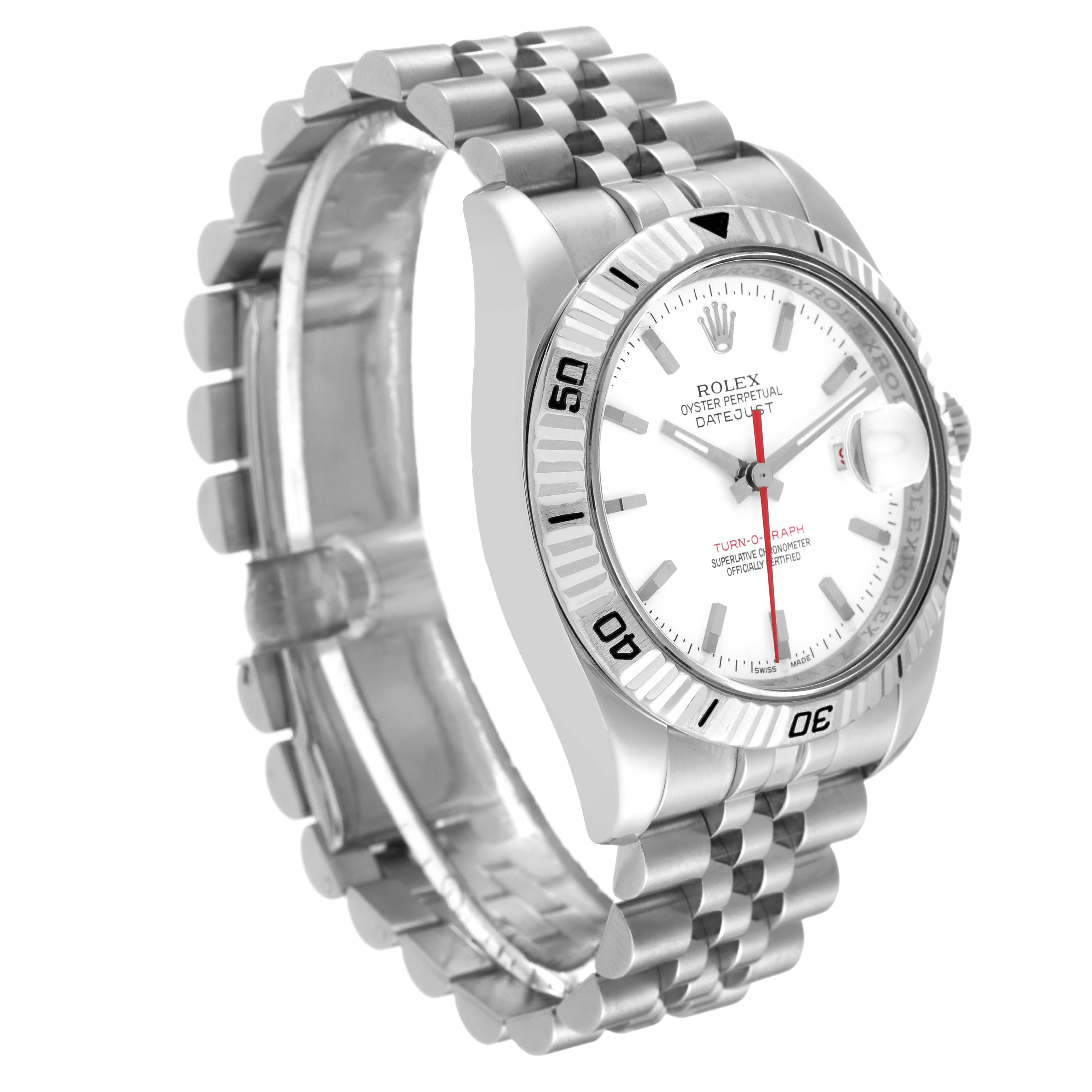 The image shows a Rolex Turn-o-Graph 116264 Men's Stainless Steel White Dial 116264 Men's Stainless Steel White Dial watch at an angle highlighting the face, bezel, and part of the metal bracelet.