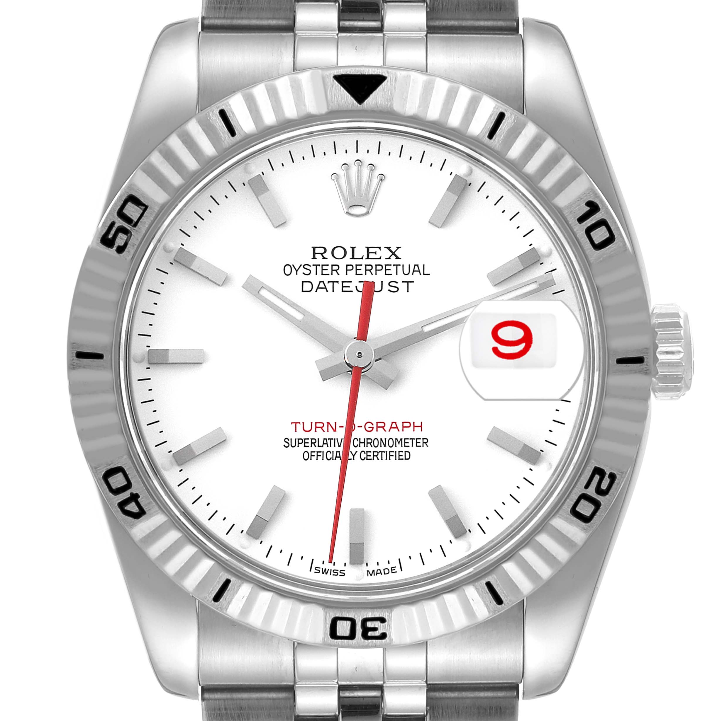 The image shows a front view of a Rolex Turn-o-Graph 116264 Men's Stainless Steel White Dial 116264 Men's Stainless Steel White Dial watch, displaying its dial, bezel, crown, and part of the bracelet.