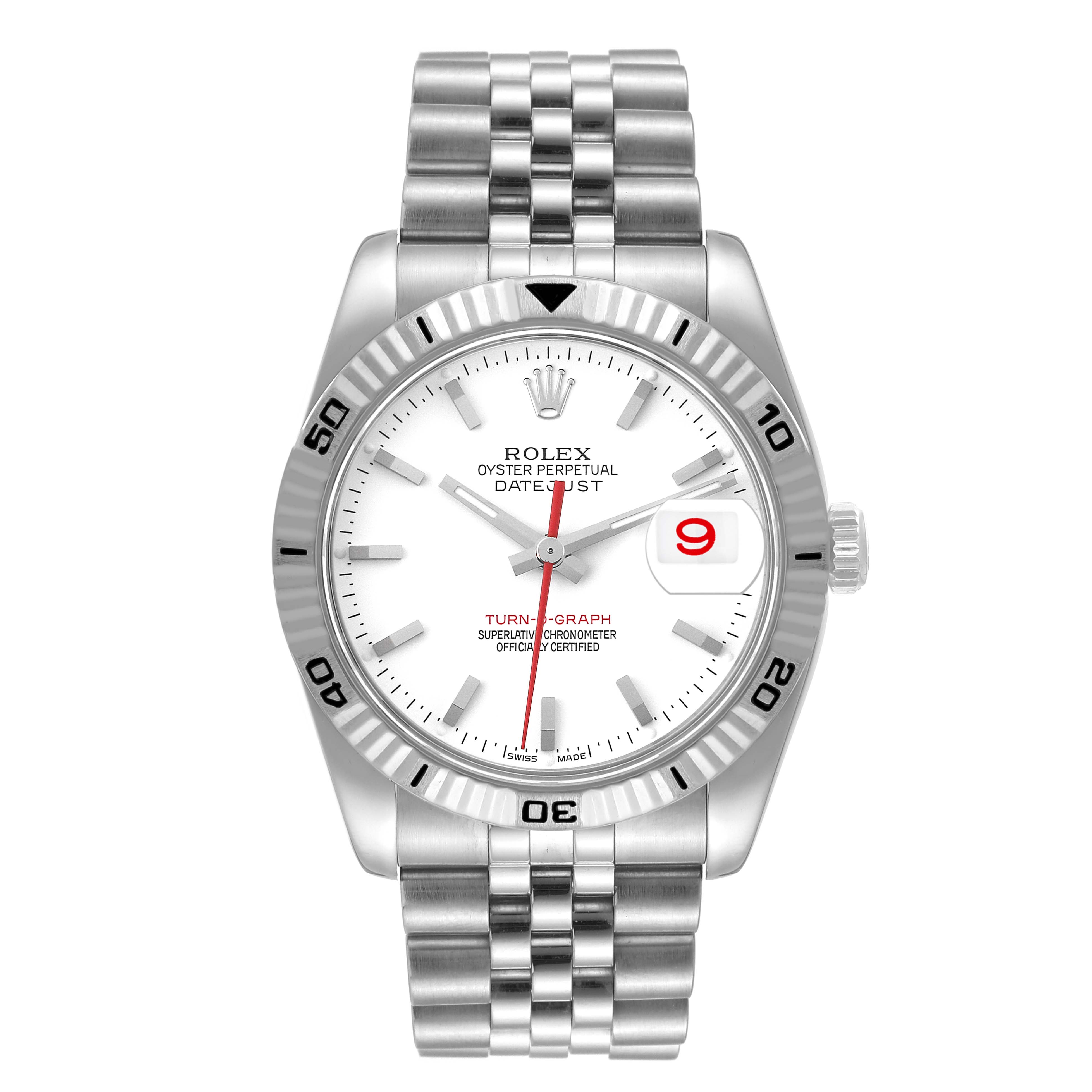 The image shows a front view of the Rolex Turn-o-Graph 116264 Men's Stainless Steel White Dial 116264 Men's Stainless Steel White Dial watch displaying the dial, bezel, bracelet, and crown.