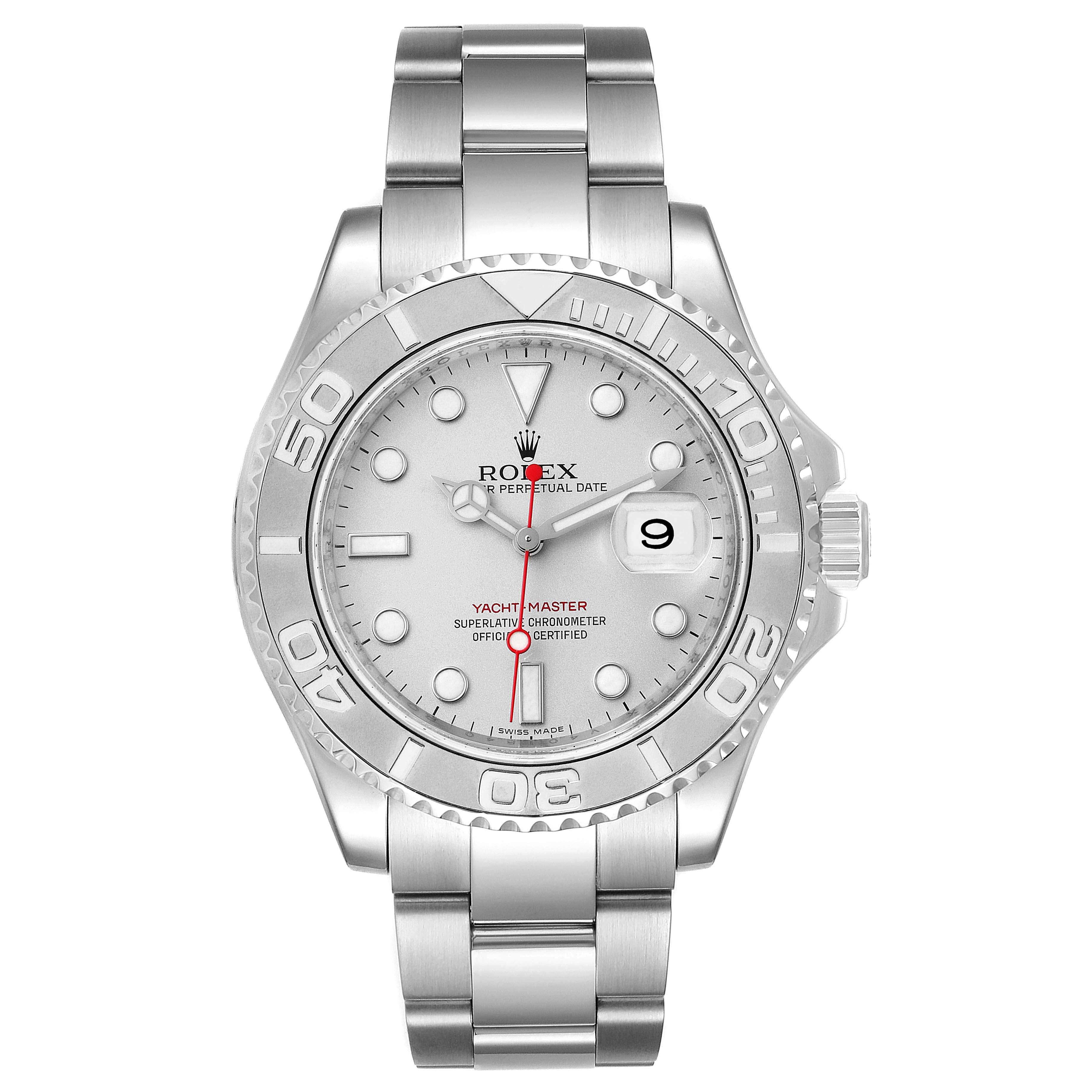 The Rolex Yacht-Master 16622 Men
s Stainless Steel Silver Dial 16622 Men
s Stainless Steel Silver Dial watch is shown from the front, displaying the dial, bezel, and bracelet.