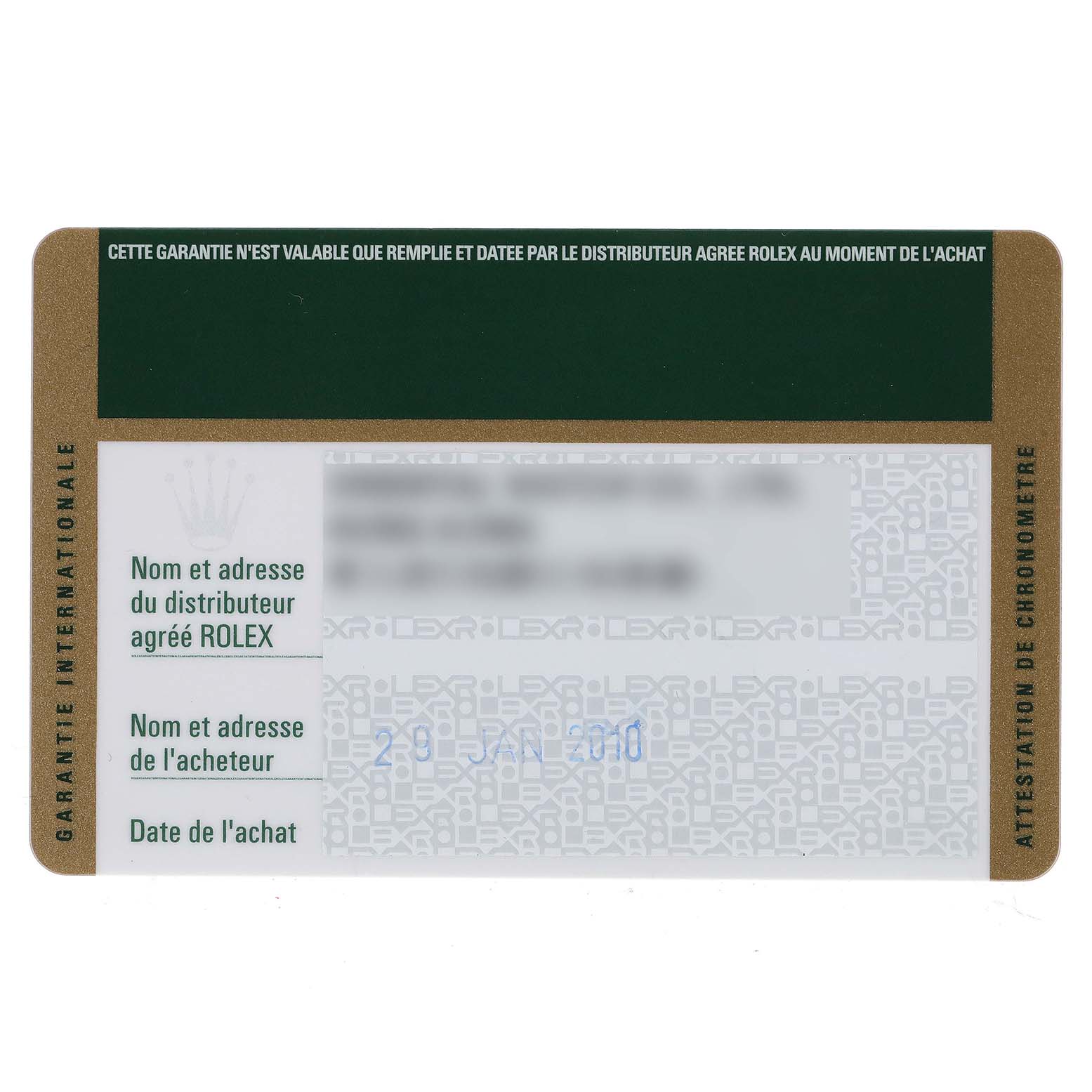 This image shows a warranty card for the Rolex Yacht-Master 16622 Men
s Stainless Steel Silver Dial 16622 Men
s Stainless Steel Silver Dial watch model.