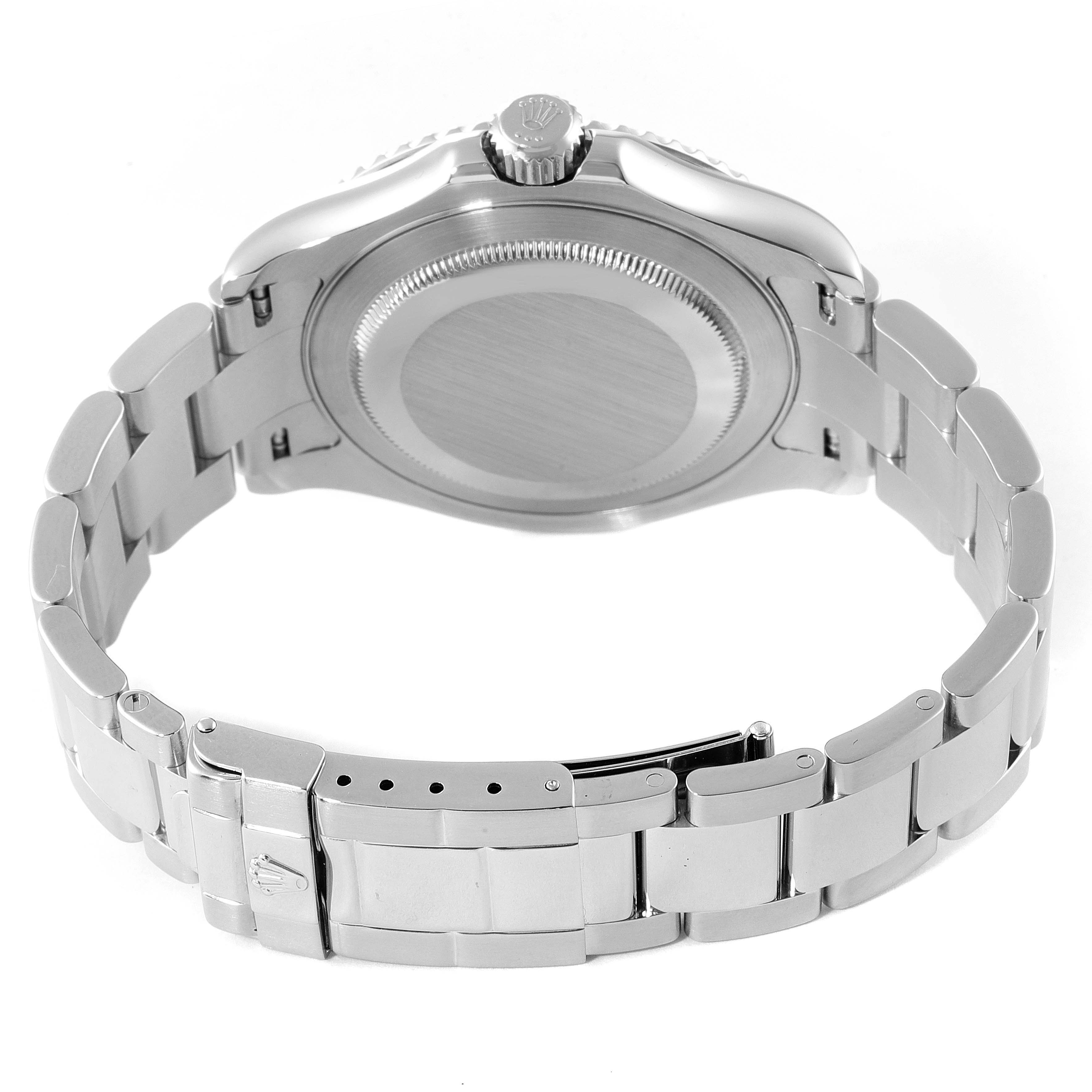 The image shows the backside and bracelet of a Rolex Yacht-Master 16622 Men
s Stainless Steel Silver Dial 16622 Men
s Stainless Steel Silver Dial watch, including the clasp and crown.