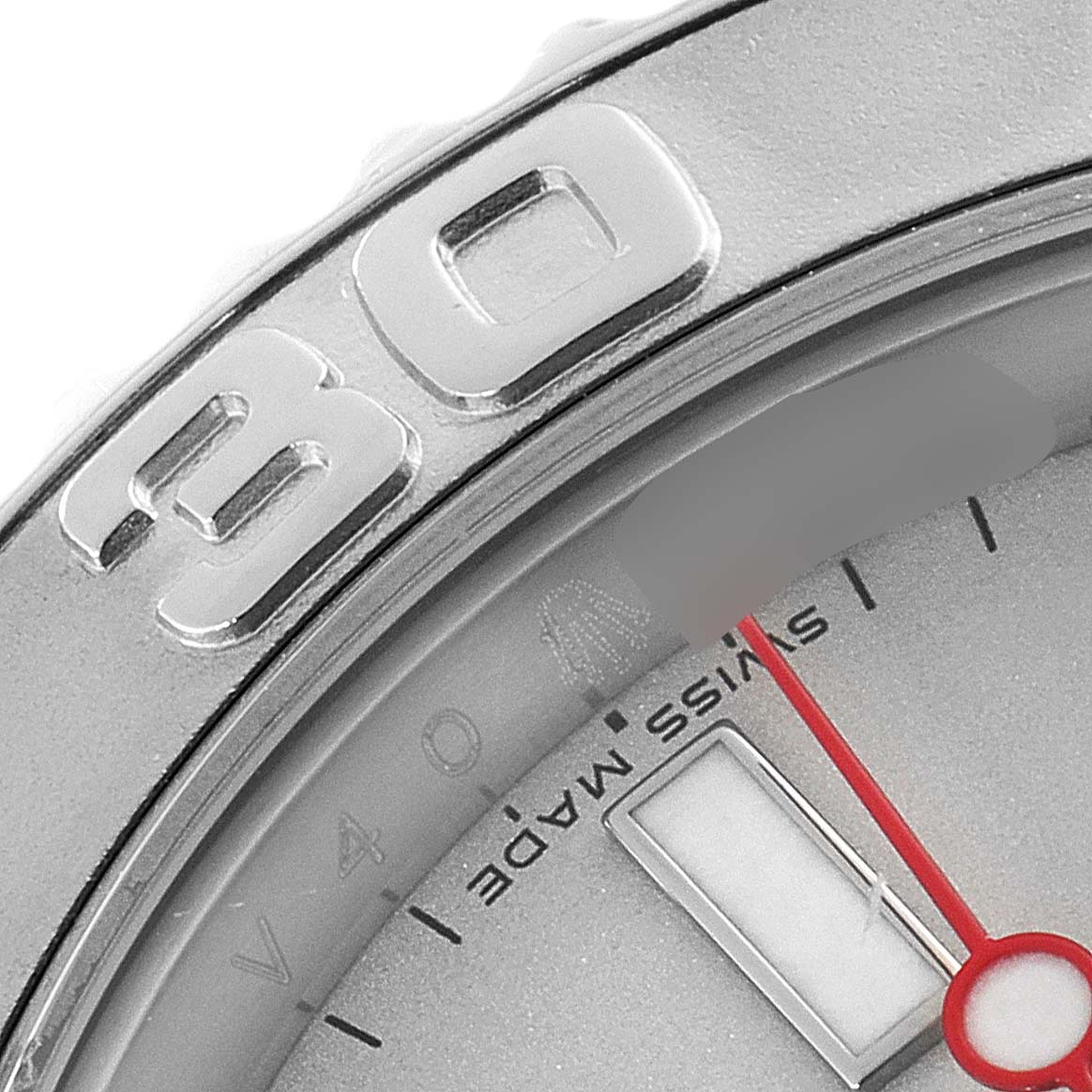 This close-up shows the bezel and part of the dial of a Rolex Yacht-Master 16622 Men
s Stainless Steel Silver Dial 16622 Men
s Stainless Steel Silver Dial watch, highlighting the "30" mark and the "Swiss Made" text.