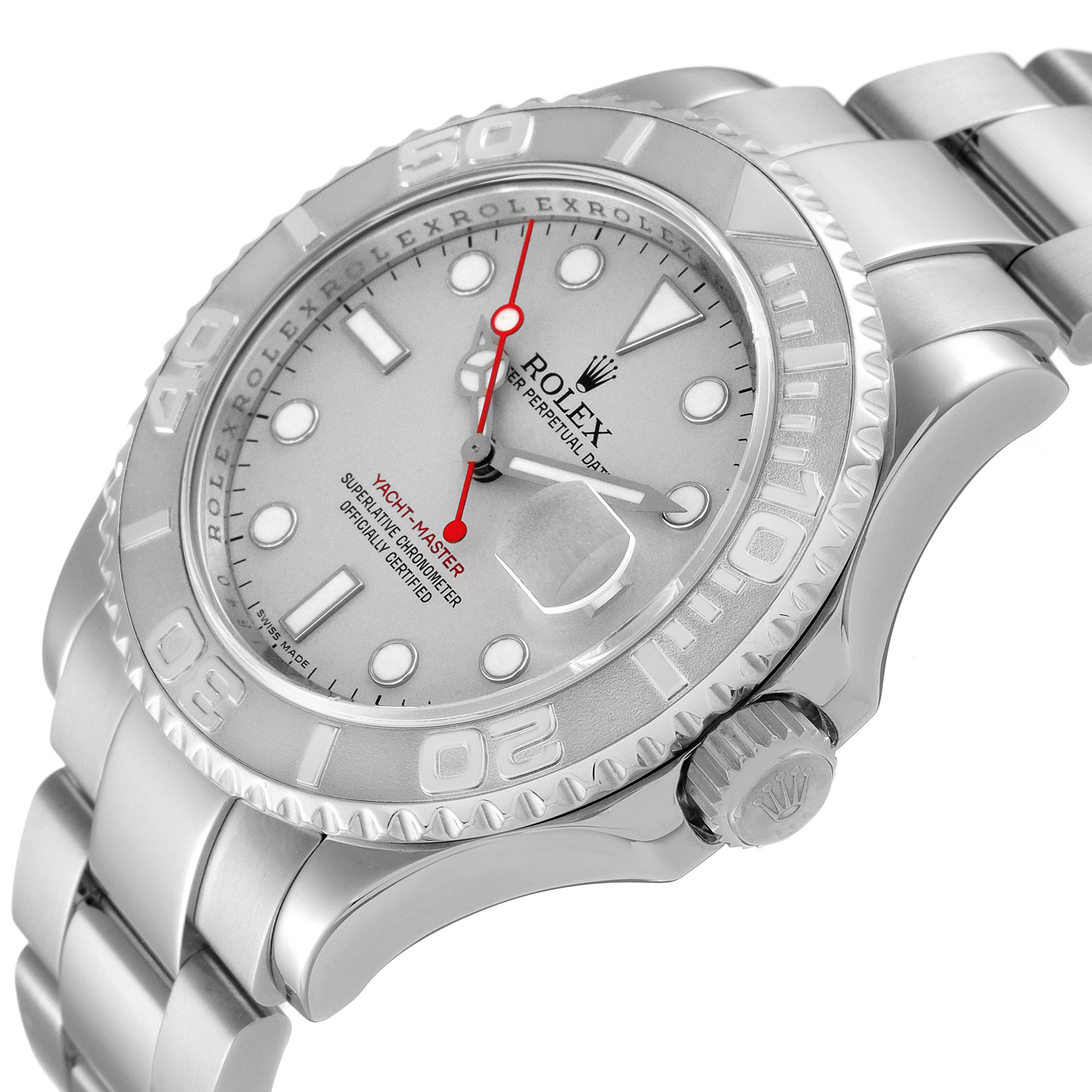 The image shows a side-angle view of the Rolex Yacht-Master 16622 Men
s Stainless Steel Silver Dial 16622 Men
s Stainless Steel Silver Dial watch, highlighting the dial, bezel, and bracelet.
