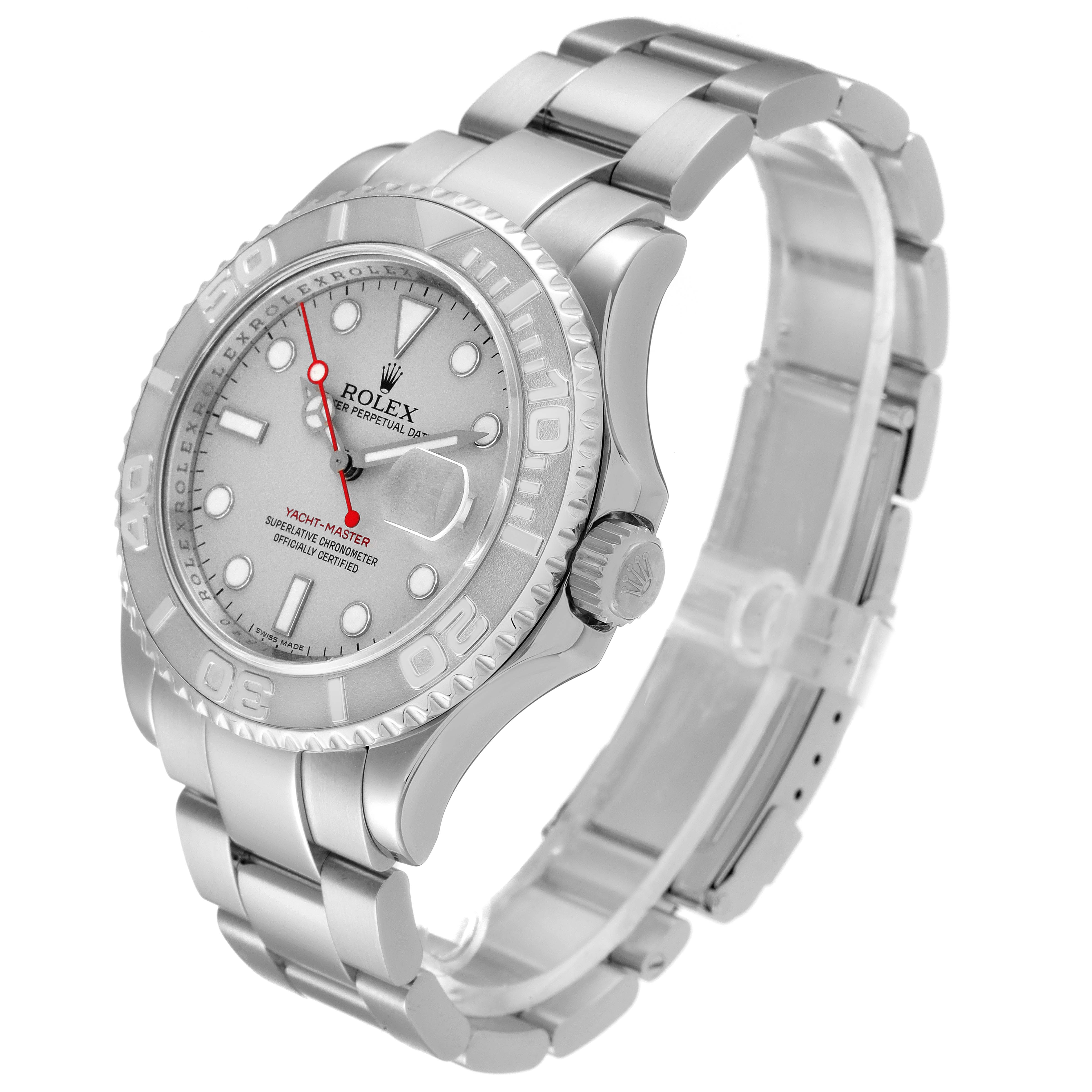 The Rolex Yacht-Master 16622 Men
s Stainless Steel Silver Dial 16622 Men
s Stainless Steel Silver Dial watch is shown at an angle displaying the dial, bezel, and bracelet.